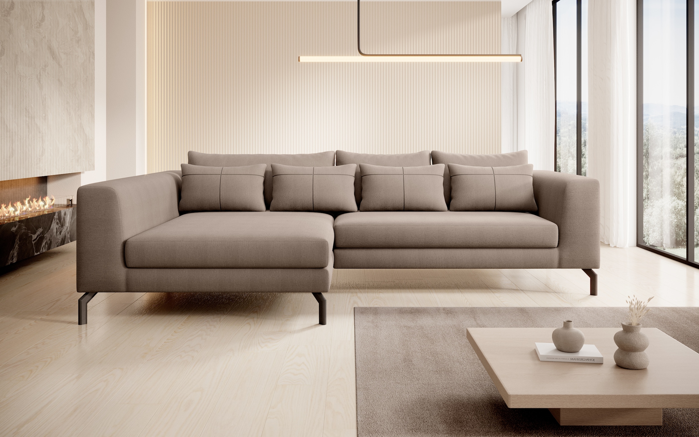 Home affaire Ecksofa "Cross, mit softem Sitz, L-Form, wendbare Zierkissen, Breite 284 cm" Couch mit vielen Kissen, stylische Kreuznaht, elegante Metallfüße