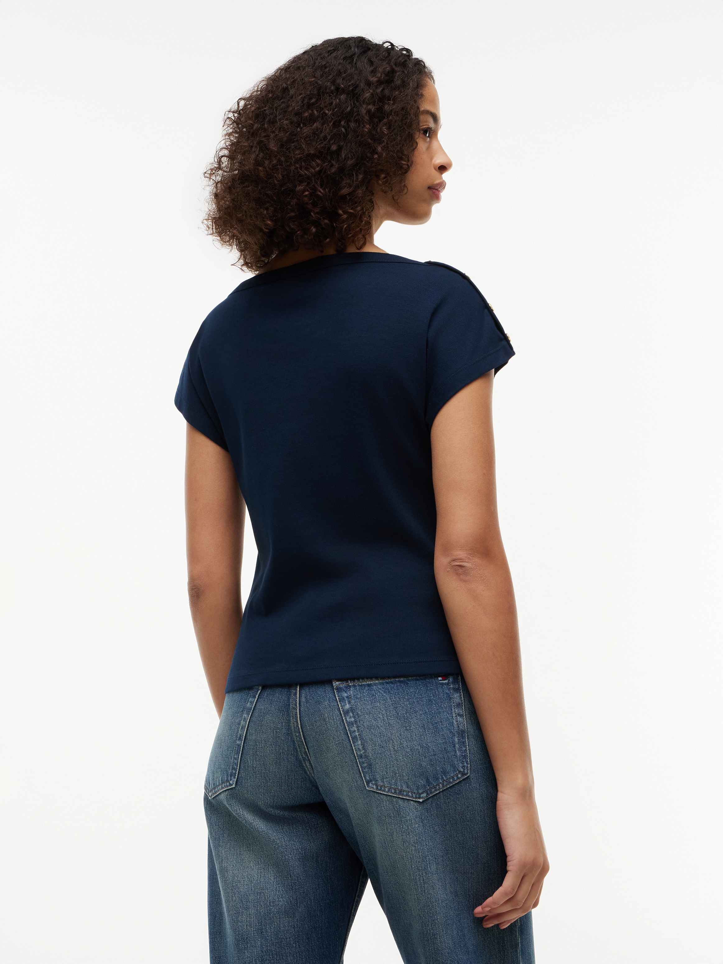 Tommy Hilfiger Kurzarmshirt »GOLD BTN CAP-SLV BOAT-NK TEE« Baumwolle, mit goldfarbenen Knöpfen