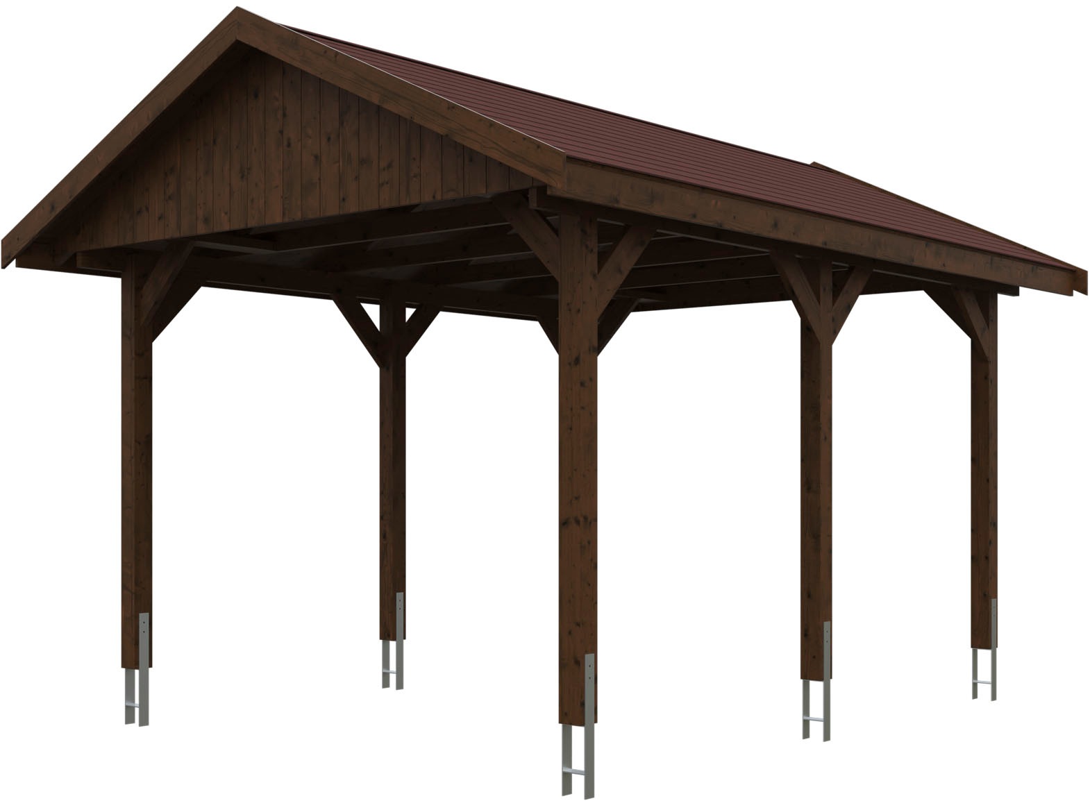 Skanholz Einzelcarport "Wallgau" Massivholz 291 cm Nussbaum mit roten Dachschindeln