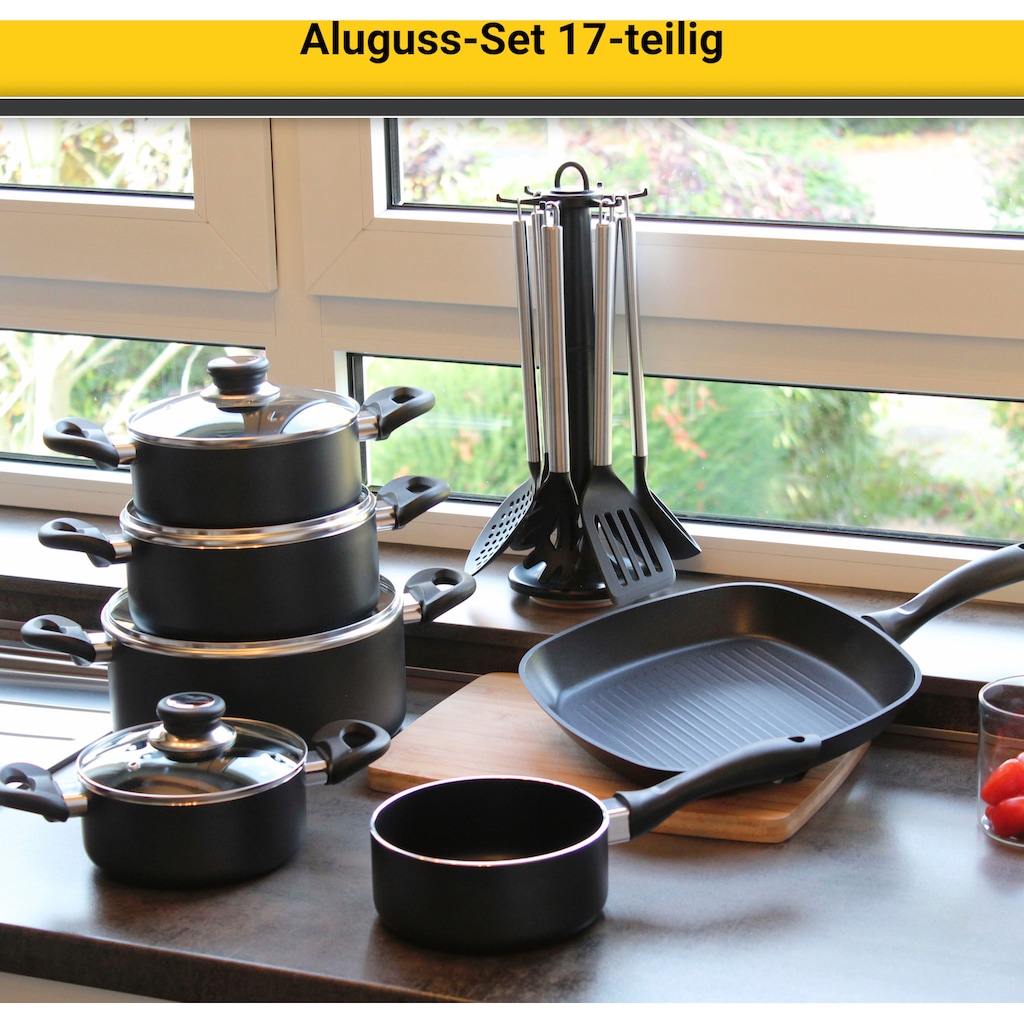 Krüger Topf-Set »Aluguss Topf- und Pfannenset inkl. praktischen Küchenhelfern, 17 tlg.«, Aluminiumguss, (Set, 17 tlg., Fleischtopf 16/18/20/24cm, Stieltopf 16cm Steakpfanne 7 T.Küchenhelfer), inkl. 7-tlg. Küchenhelfer-Set