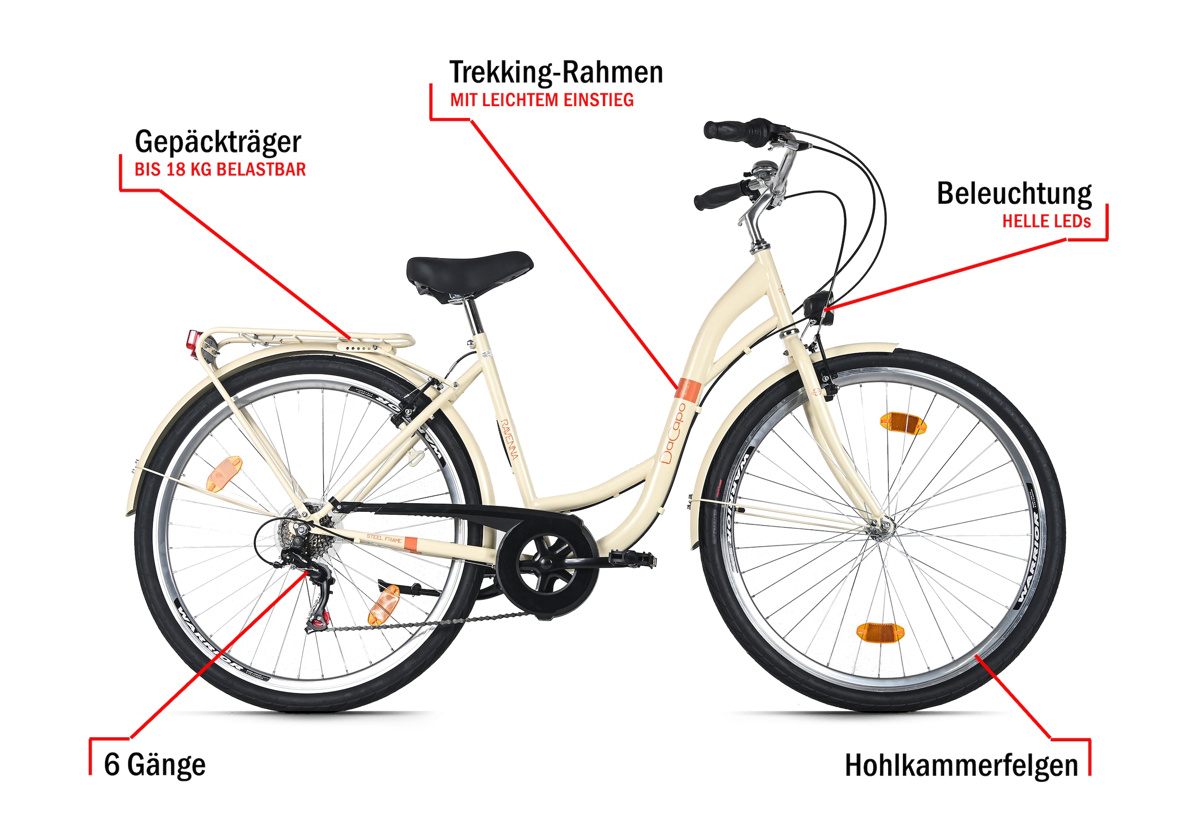 Dacapo Trekkingrad »Damen 28'' Ravenna 6 Beige 6 Gänge RH 48 cm« 6 Gang Shimano Tourney Schaltwerk Kettenschaltung