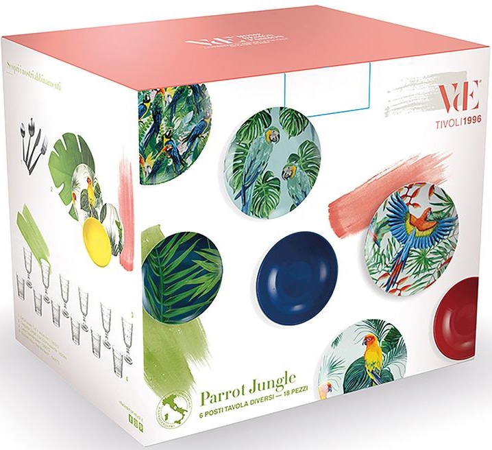 Villa d'Este Tafelservice »Geschirr-Set, Service Parrot Jungle«, (Set, 18 tlg.), Speiseteller, Suppenteller, Dessertteller, 18 Teile, für 6 Personen