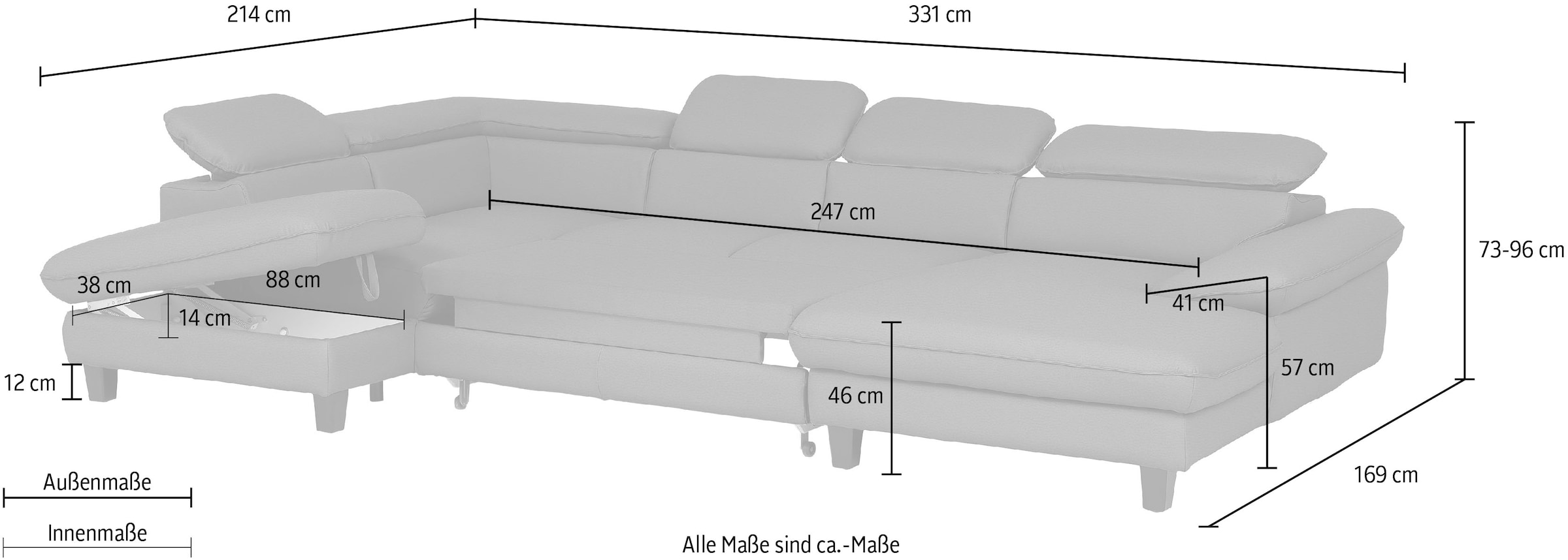 Home affaire Wohnlandschaft »Pilot U-Form«, mit Kopfteilverstellung, wahlweise mit Bettfunktion & Bettkasten