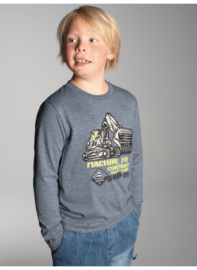 TRIGEMA Jungen Longsleeve "TRIGEMA Langarmshirt mit großem Bagger-Print"steingrau, melange, Basic, Gr. 140, 100% Baumwolle, Shirts