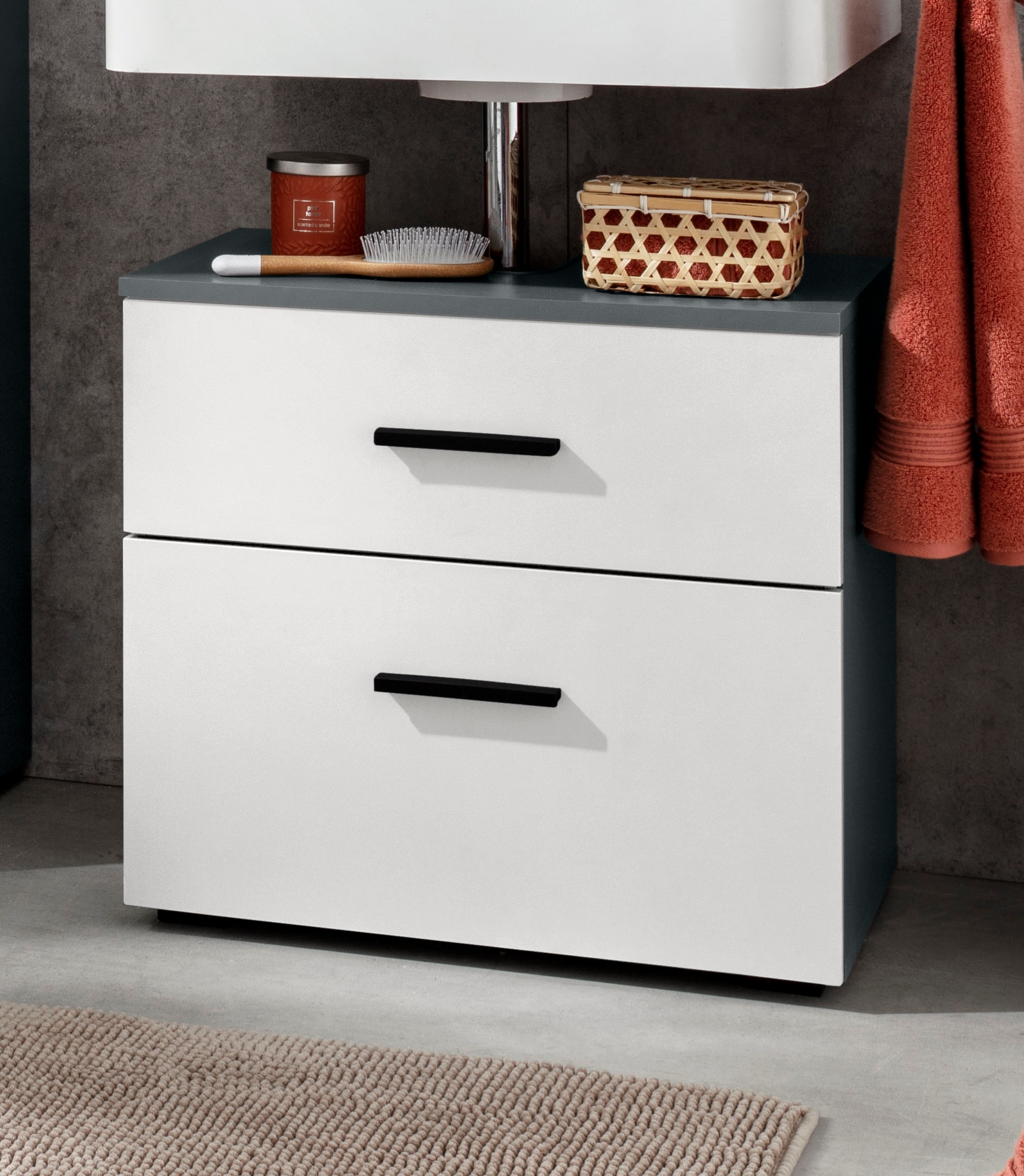 INOSIGN Waschbeckenunterschrank »Skara«, mit Klappe und Schubkasten, schwarze Griffe, Breite 60 cm, Höhe 55 cm