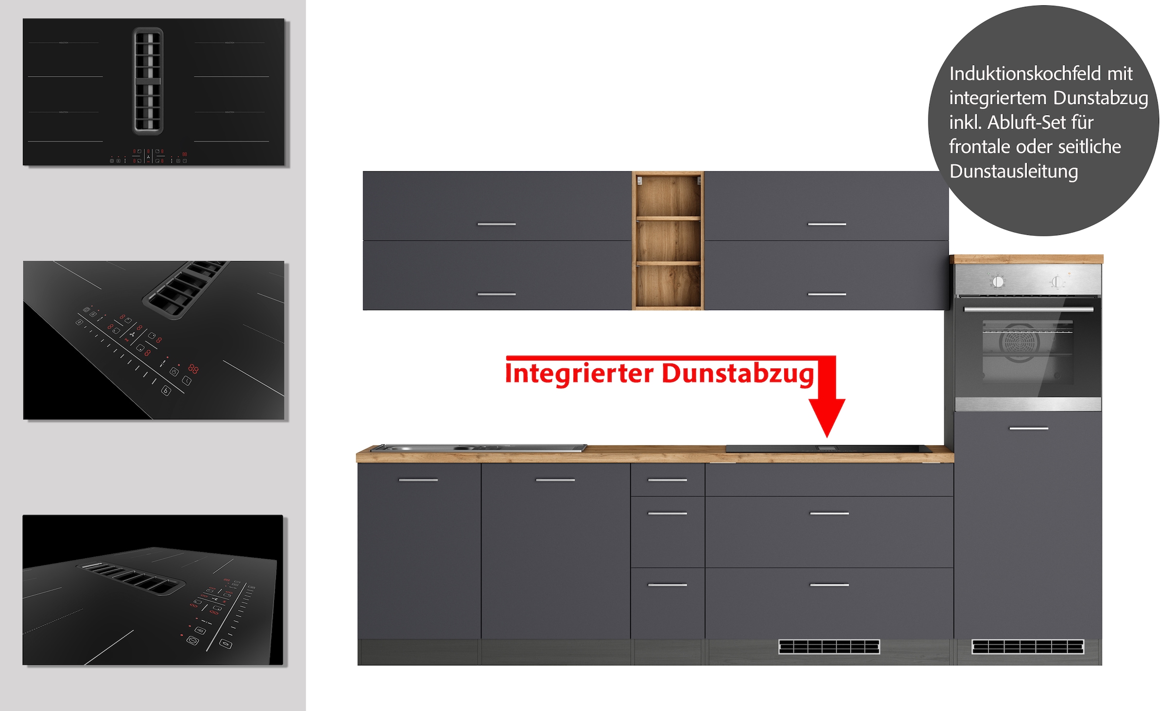 KOCHSTATION Küchenzeile »KS-Milan, optional mit Muldenlüfter«, Breite 300 cm, wahlweise mit E-Geräten, Kochfeld mit Dunstabzug