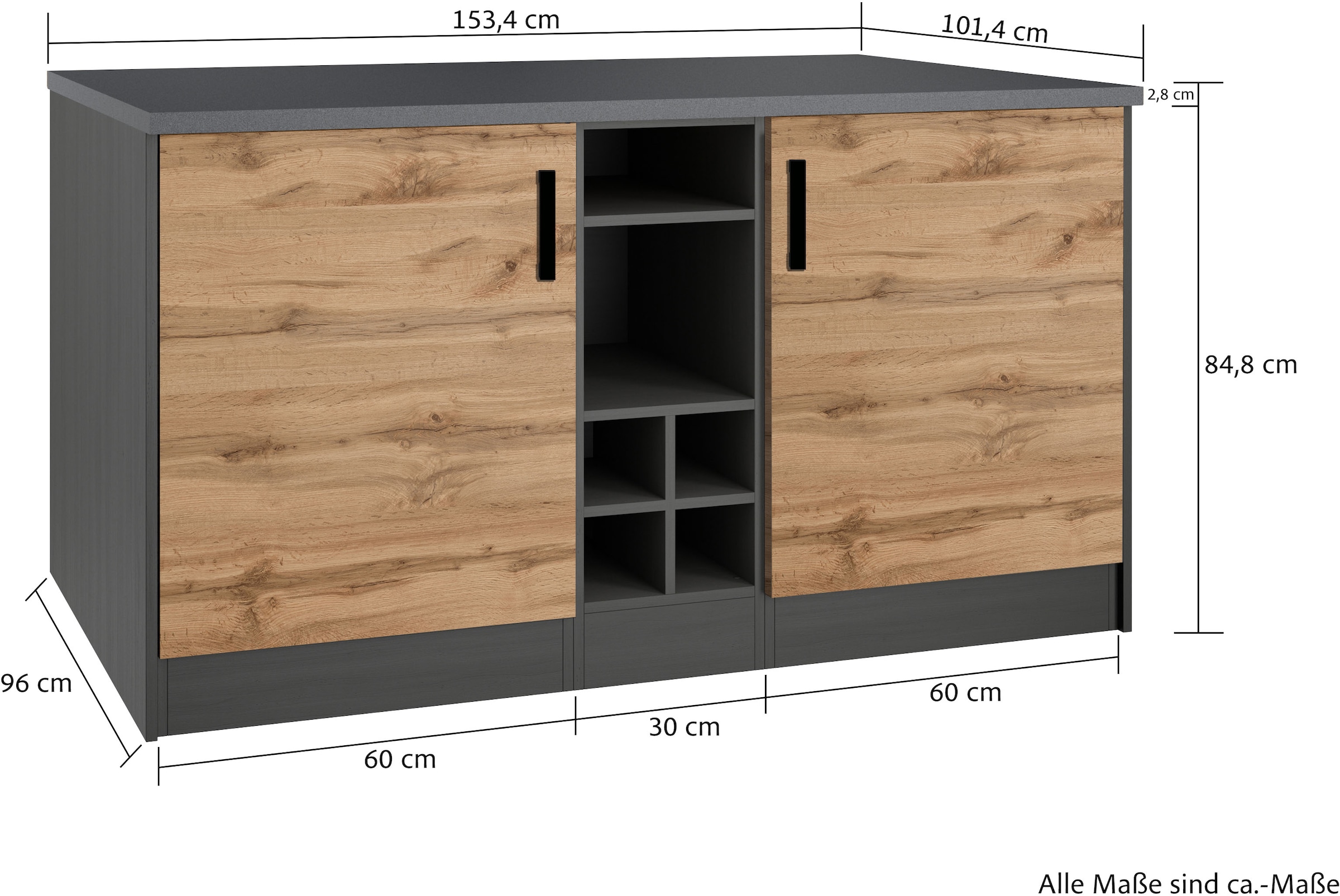 KOCHSTATION Kücheninsel »KS-Toronto«, Breite 153 cm, MDF-Fronten, Flaschenregal