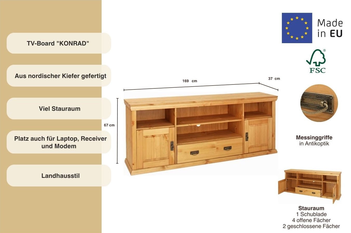 Home affaire Lowboard »Konrad TV-Board, TV-Kommode«, Breite 169 cm, Höhe 67 cm, Metallgriffe, Kabeldurchführung