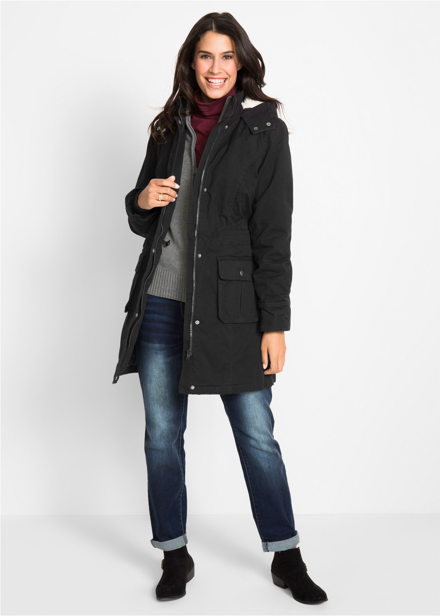 bonprix Parka mit Kapuze Winterjacke mit Kapuze und Fellimitat