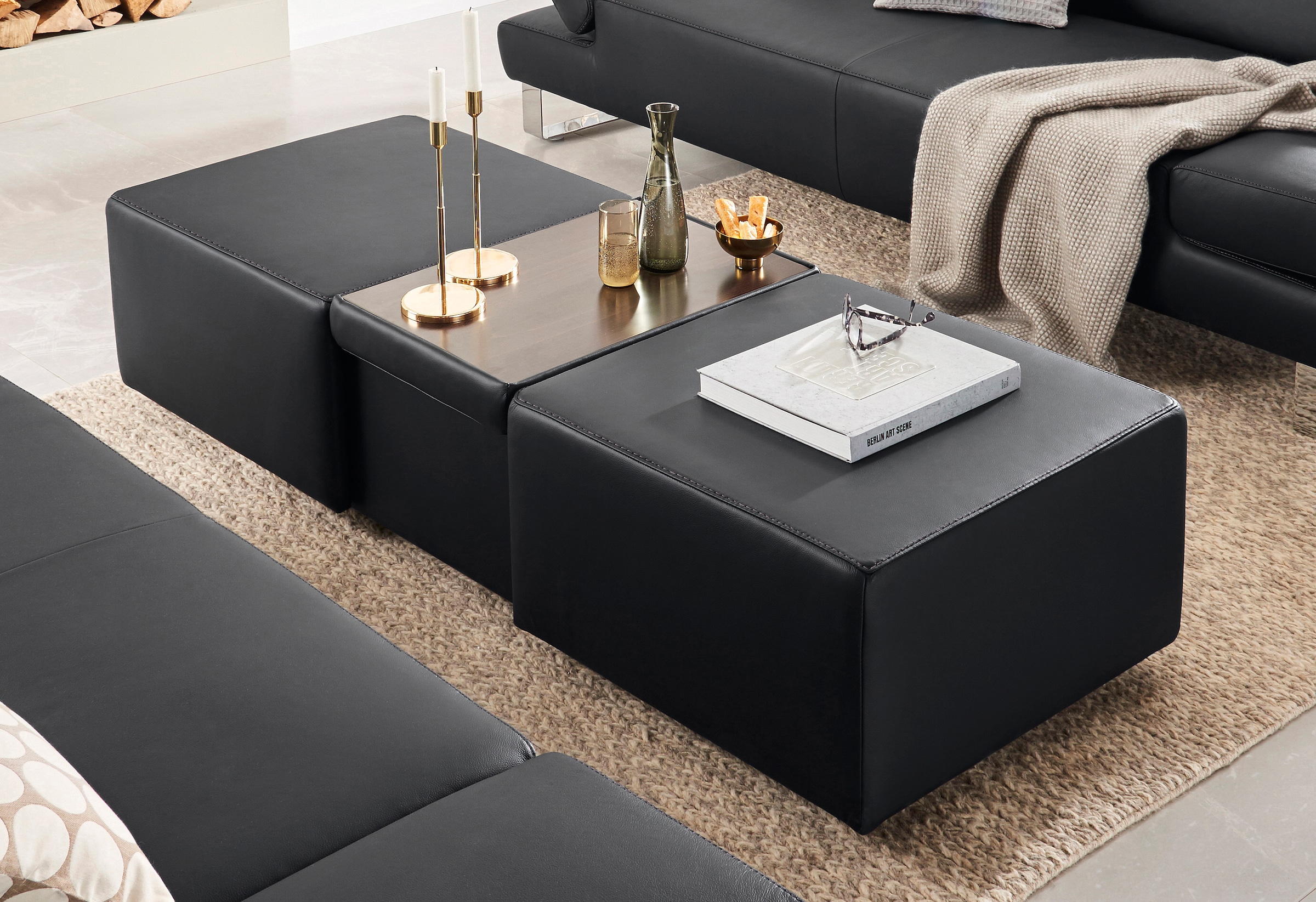 Hocker W.SCHILLIG, B:130cm H:41cm T:64cm, schwarz, Longlife Xtra-Leder Z59: Glattleder mit modischer Prägung. Hautstärke 0, 9 - 1, 1 mm, Wohnzimmer,