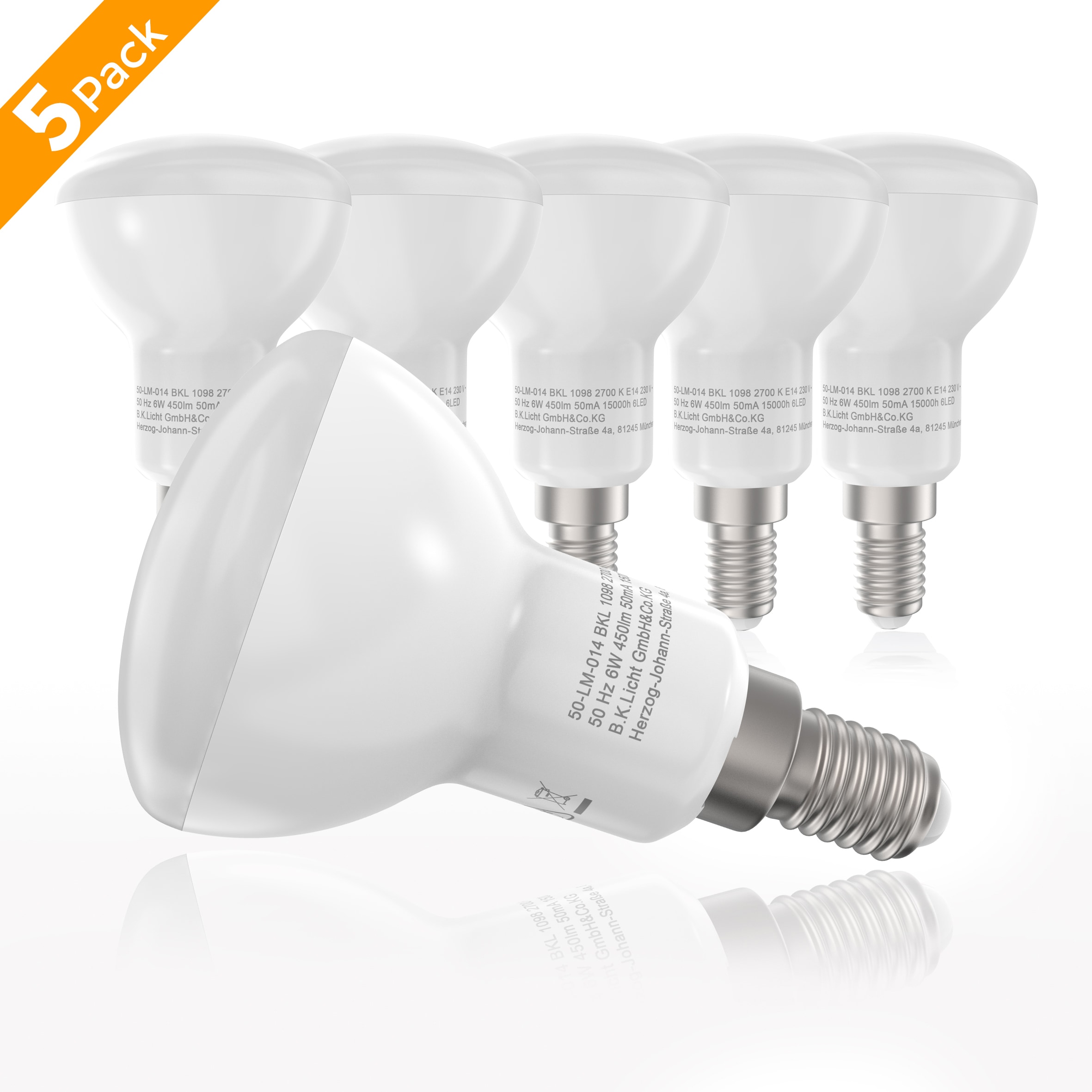 LED-Leuchtmittel, E14, 5 St., Warmweiß, LED-Lampe Glühbirne 6 Watt 450 Lumen 2.700...