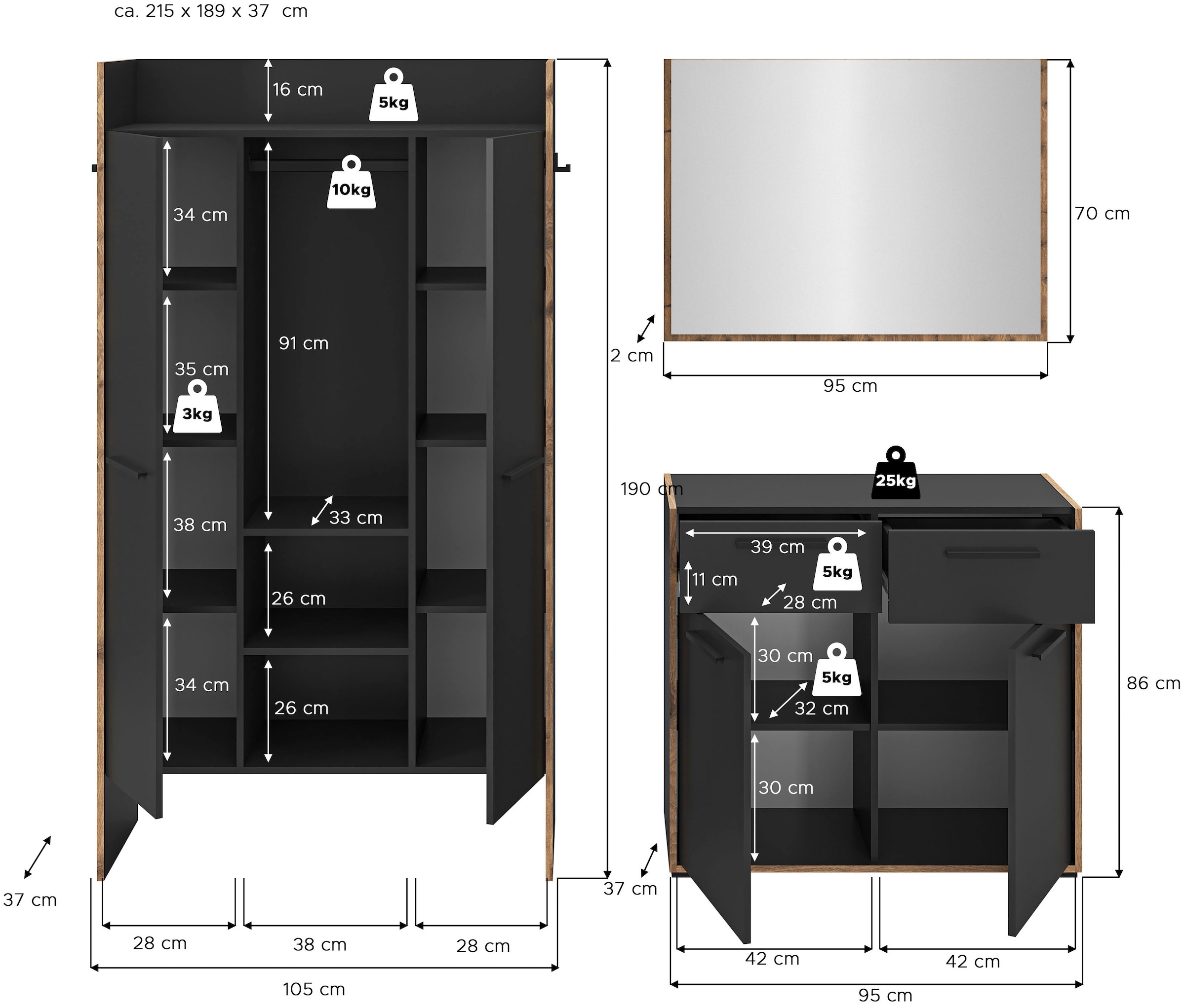 INOSIGN Garderoben-Set »MUSTA, 3-teilig: Garderobenschrank, Kommode & Garderobenspiegel«, Kombination, Kompaktgarderobe, Garderobenkombination, Garderobe