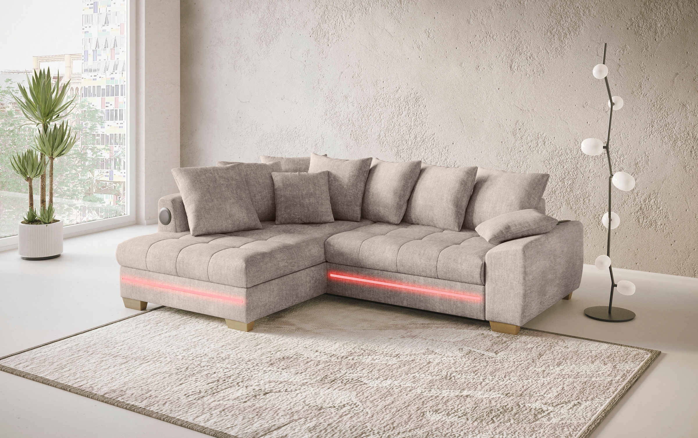 Mr. Couch Ecksofa »Nikita II, L-Form«, RGB-LED, Bluetooth-Soundsystem, wahlweise mit Bett, Bettkasten