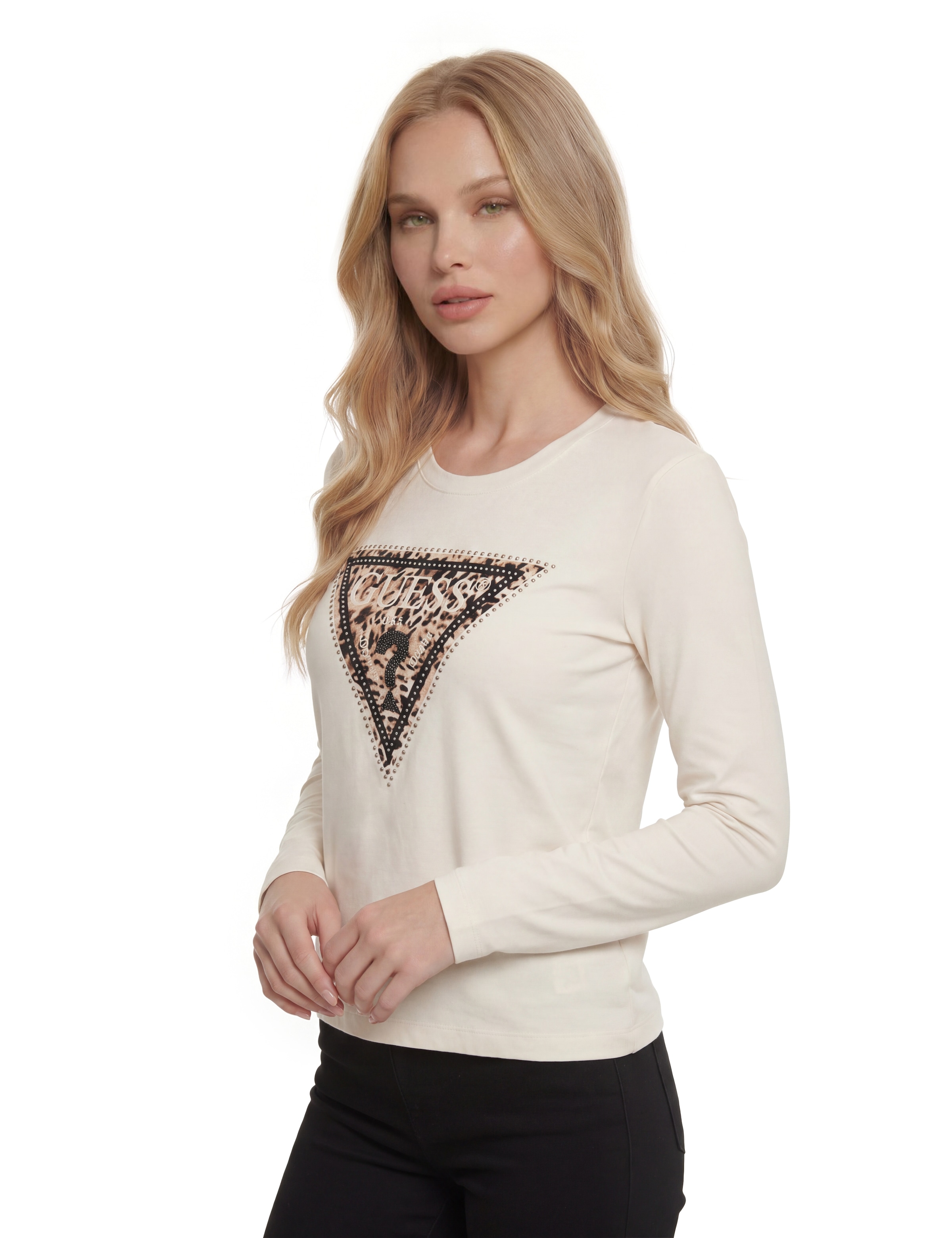 Guess Langarmshirt »LS CN SAVANNA LEOPARD TRIANGLE« mit markantem Logodesign, Slim Fit
