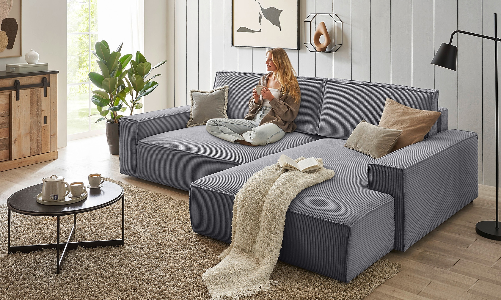 OTTO home Ecksofa »SHERWOOD XXL Cord 284, Big-Sofa L-Form, tiefe Sitzfläche 95 cm« Recamiere rechts/links, als Schlafsofa stellbar, Cord u. Leinenoptik