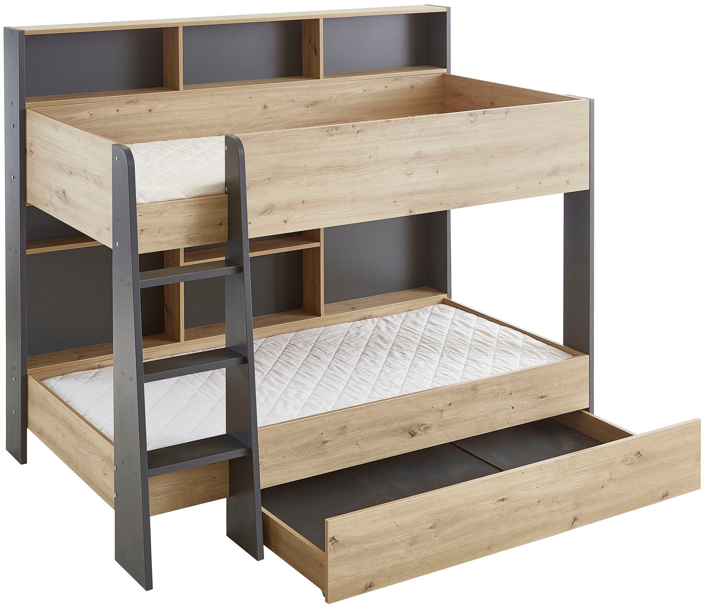 Relita Etagenbett »Sely, viel Funktion auf kleinem Raum, 2 Liegeflächen, modernes Design« viele Regalfächer an der Bettrückseite, inkl. Schublade auf Rollen,  viel Stauraum, pflegeleichte Melamin Oberfläche, 3 Farben zur Wahl