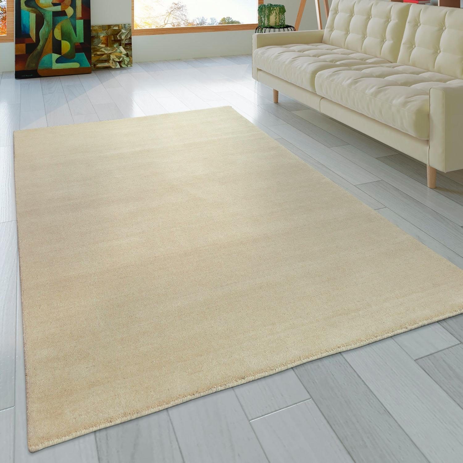 Paco Home Wollteppich »Atlas 100« rechteckig 14 mm Höhe Gabbeh, Kurzflor, handgewebt, reine Wolle, Uni Farben