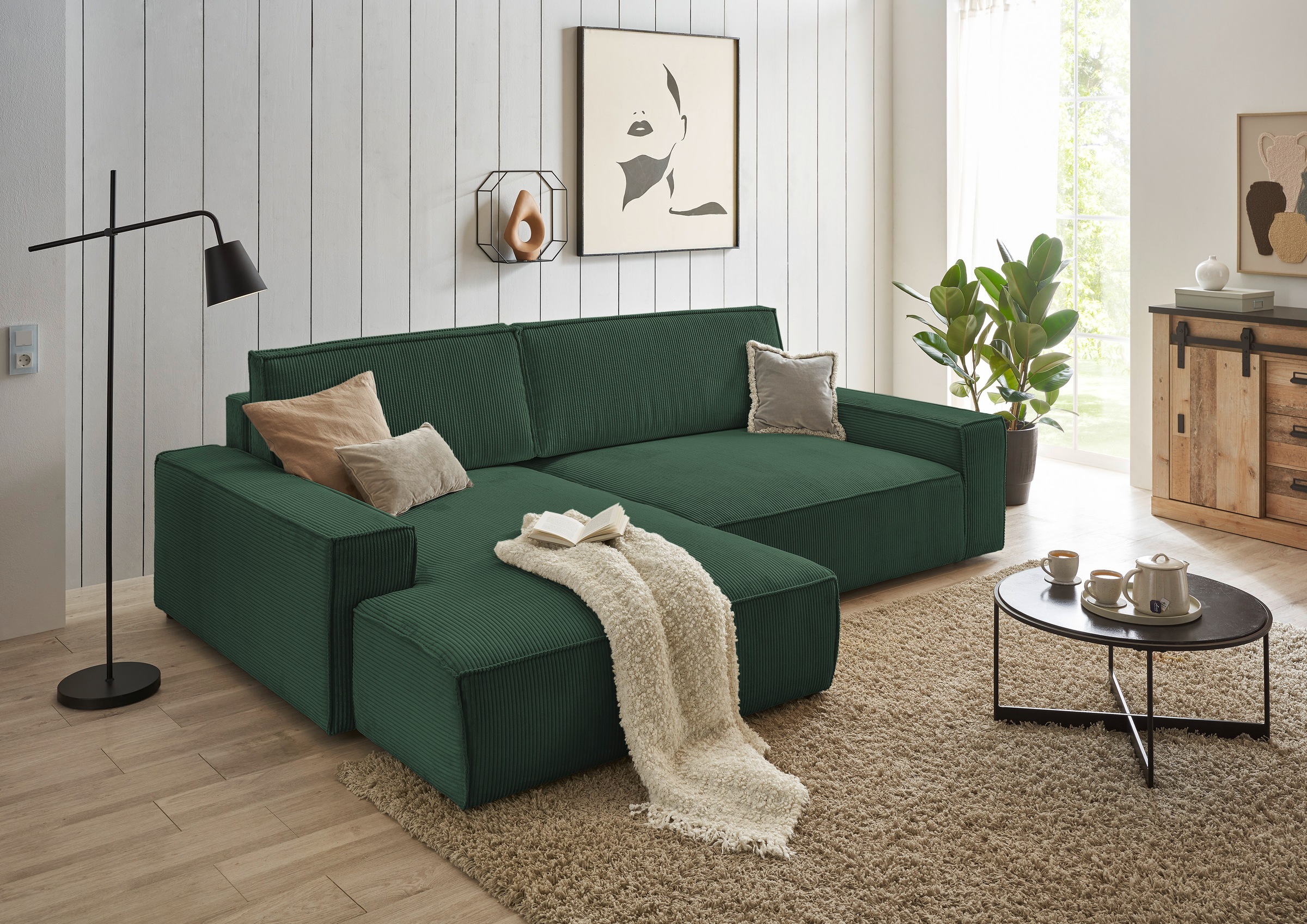 Home affaire Ecksofa »NEU: SHERWOODL XXL 284, Big-Sofa L-Form, tiefe Sitzfläche 95 cm, Cord,«, Leinenoptik, Recamiere rechts/links, auch als Schlafsofa stellbar