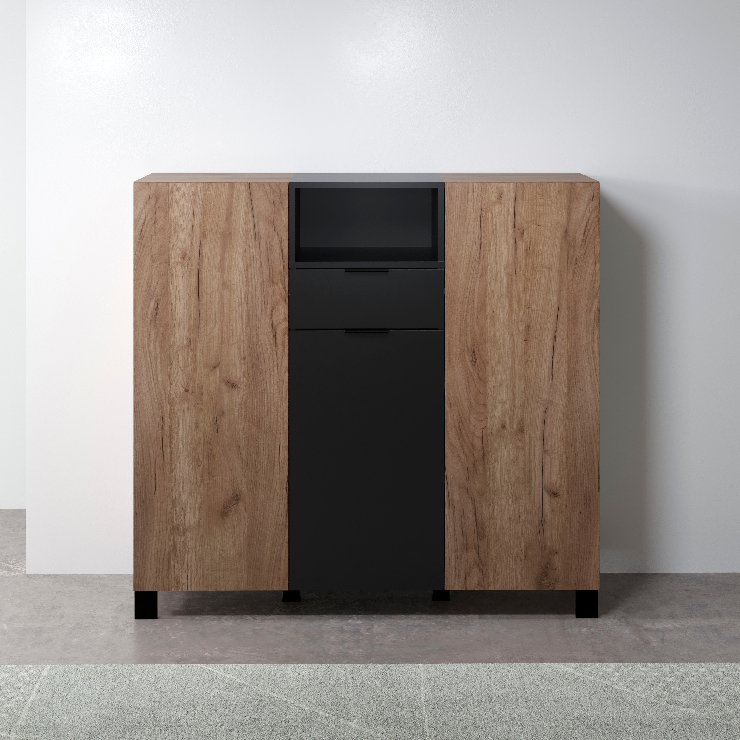 INOSIGN Highboard »Kriens«, Hochschrank Eiche, hellbraun / schwarz matt, Breite 125cm, Höhe 117cm