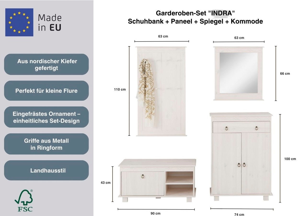 Home affaire Garderoben-Set »Indra«, (Set, 4 St.), 4-tlg. Set: Schuhbank, Paneel, Spiegel, Kommode, Kiefer massiv