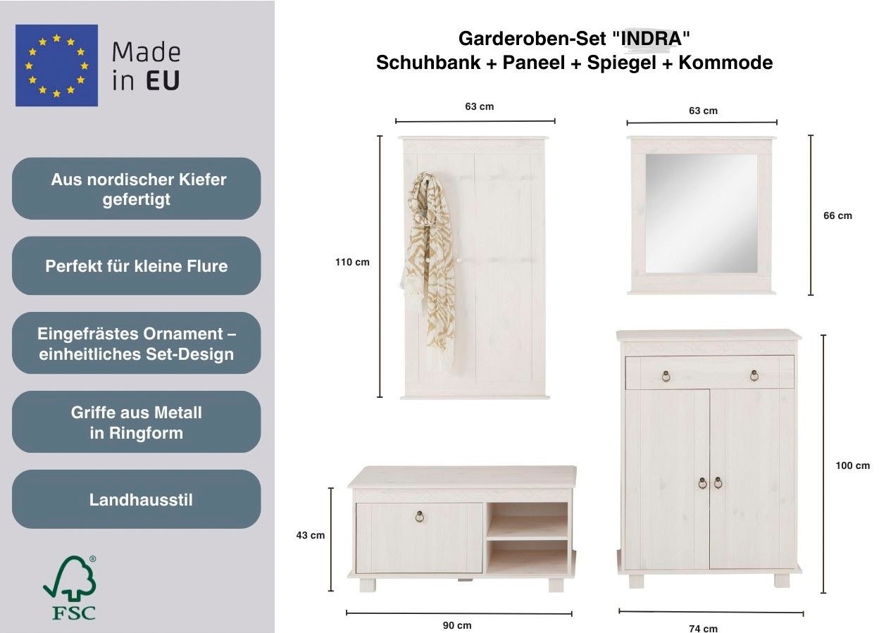 Thumbnail - Home affaire Garderoben-Set "Indra" Set, 4 Stk. tlg. 4-tlg. Set: Schuhbank, Paneel, Spiegel, Kommode, Kiefer massiv