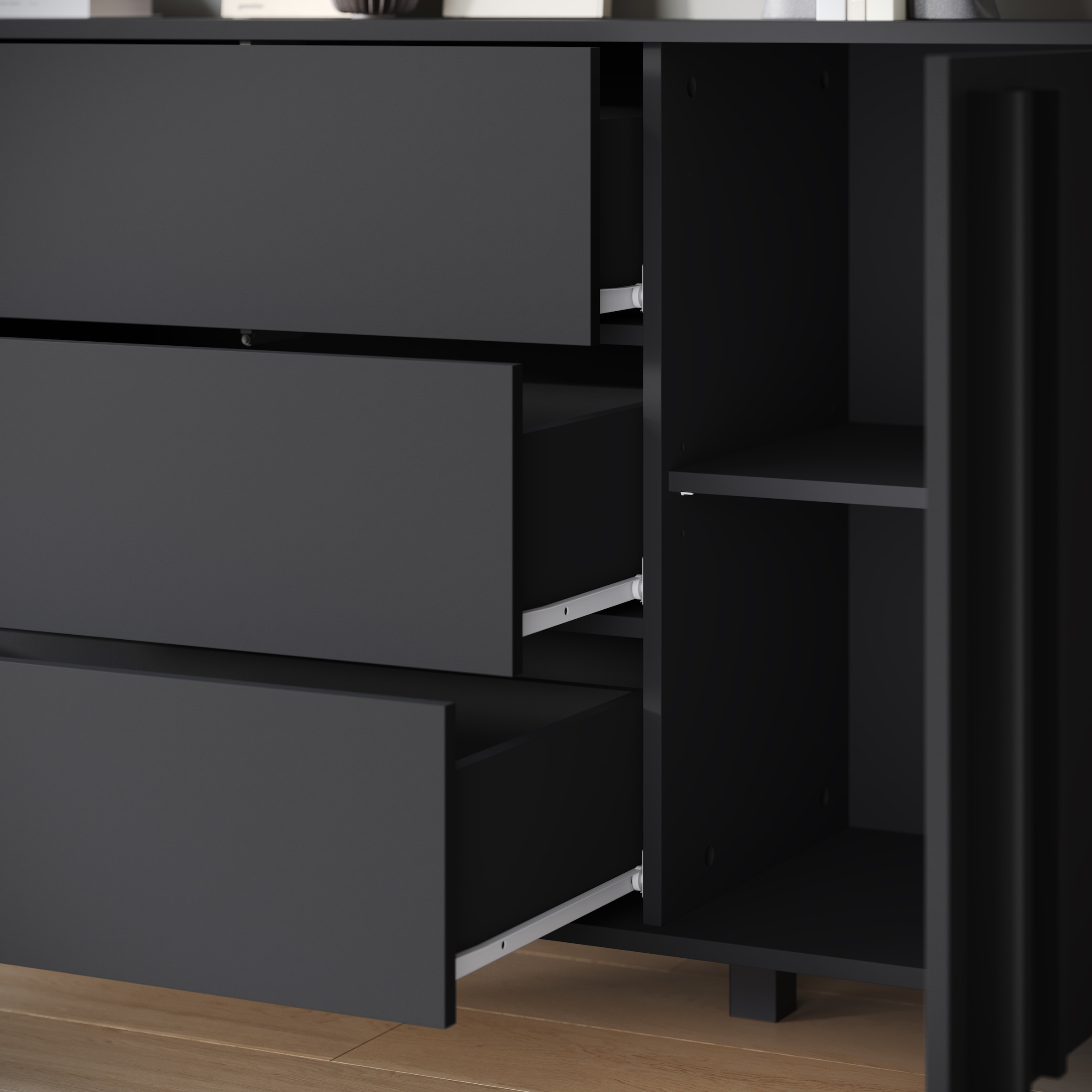 INOSIGN Sideboard »Helsinki, Kommode mit 2 Türen und 3 Schubladen, Breite 150 cm«, (1 St.), Push-to-Open-Schubladen, höhenverstellbare Einlegeböden