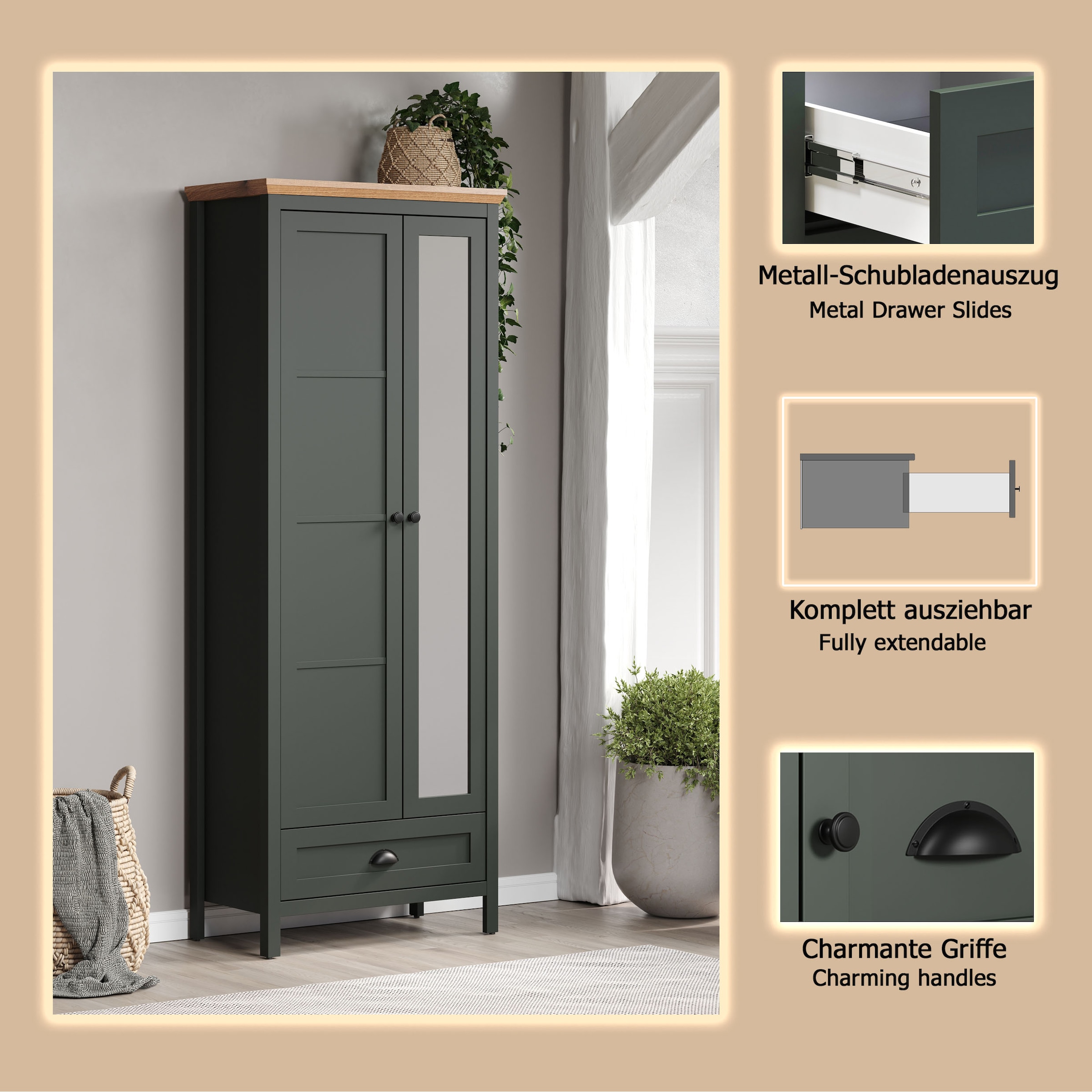Home affaire Garderobenschrank »Vienna«, (1 St.), Garderobenschrank, 2 Türen, 1 Schubkasten & Vollauszug 77/39/198 cm