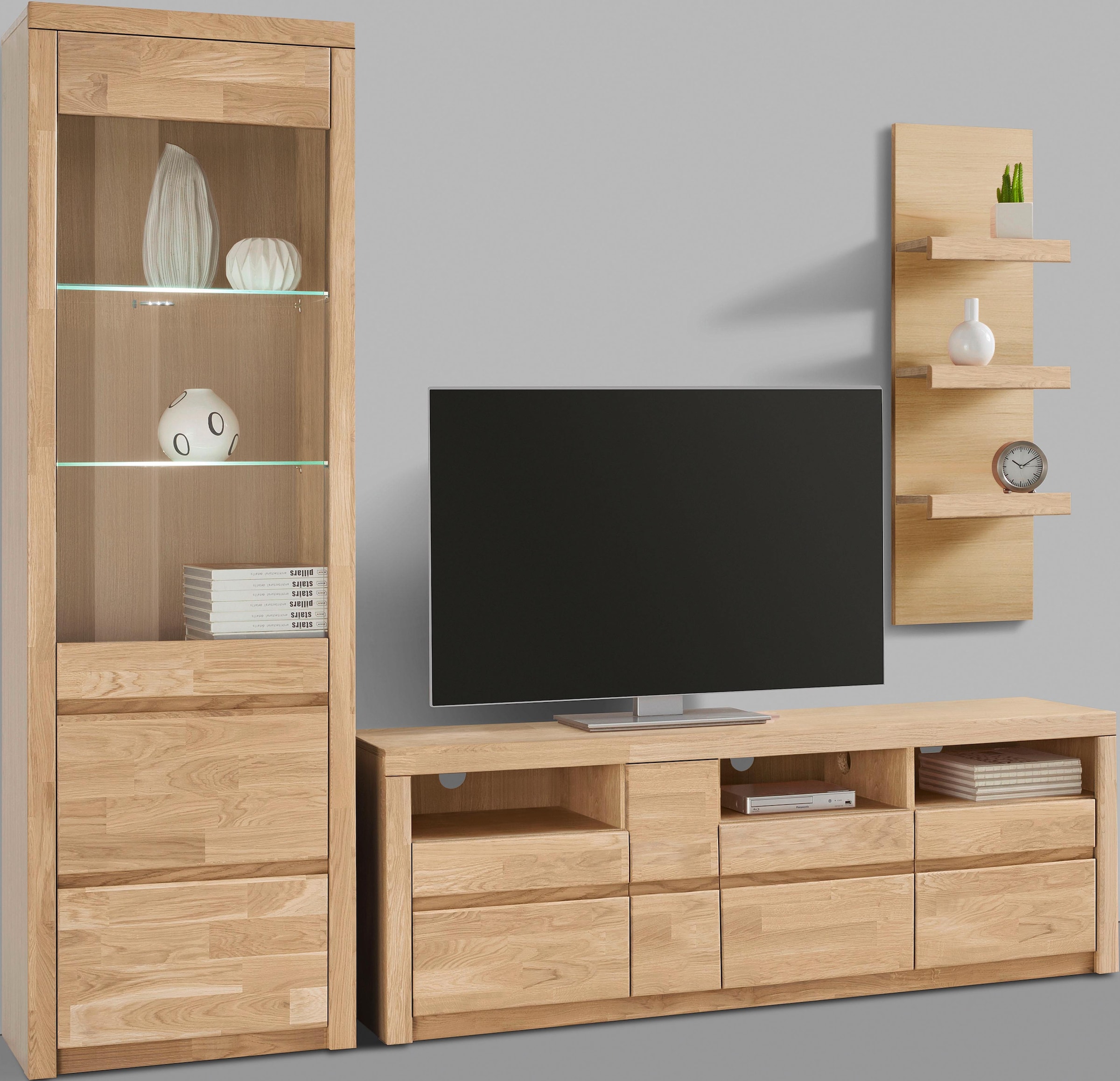 OTTO home Wohnwand "Silkeborg: 3-teilig, Breite: 220cm, Griffmulden, Fronten Massivholz" Set, 3 Stk. tlg.