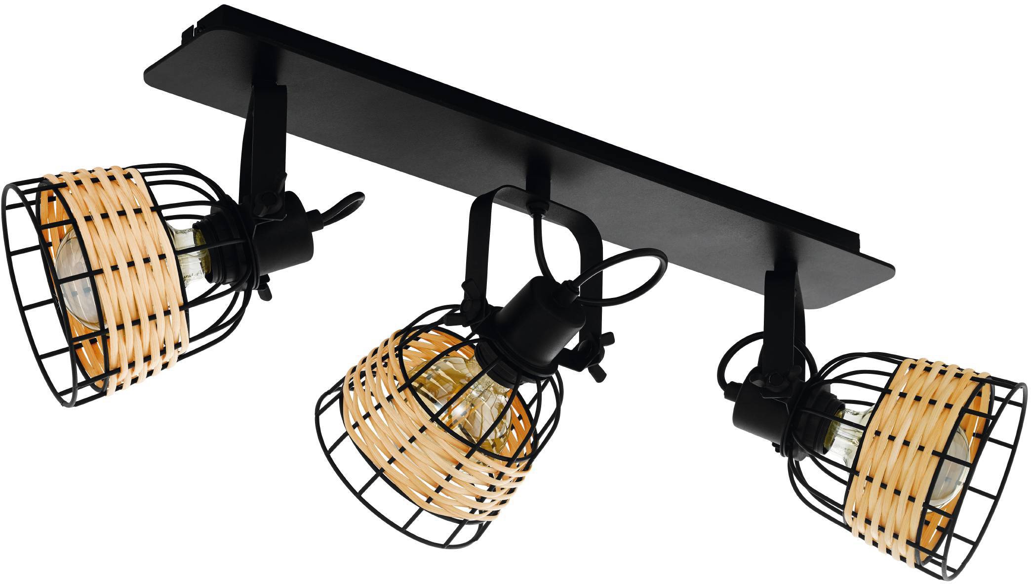"EGLO Deckenspot ""ANWICK 1 Deckenstrahler, E27, Stahl und Rattan, Wohnzimmerlampe, Lampe"", schwarz (schwarz, natur), 3, H: 24cm, Leuchten, Spot
