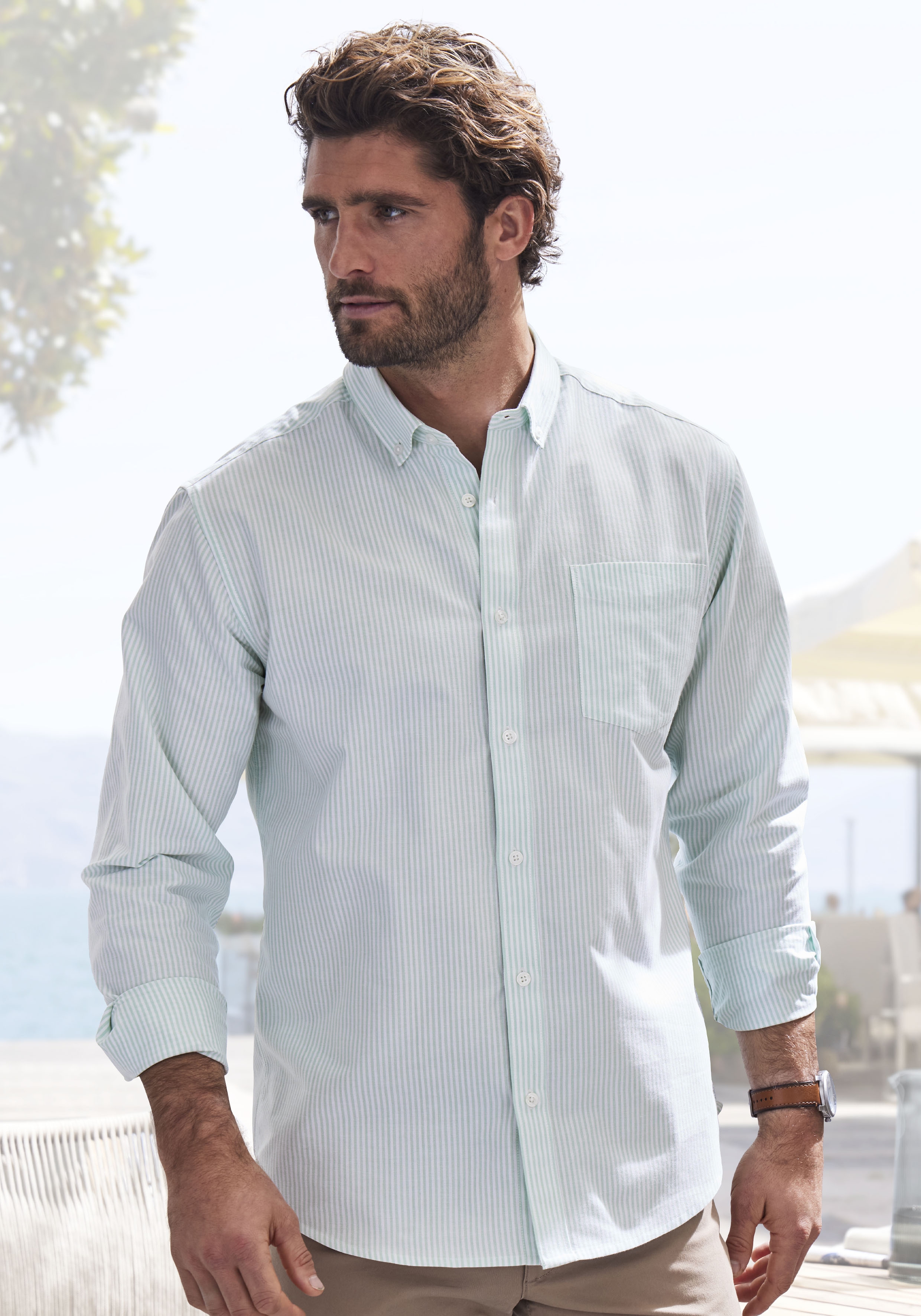 H.I.S Langarmhemd ", Streifenhemd langarm mit Button-down-Kragen" Oxfordhemd aus reiner Baumwolle, Regular-fit