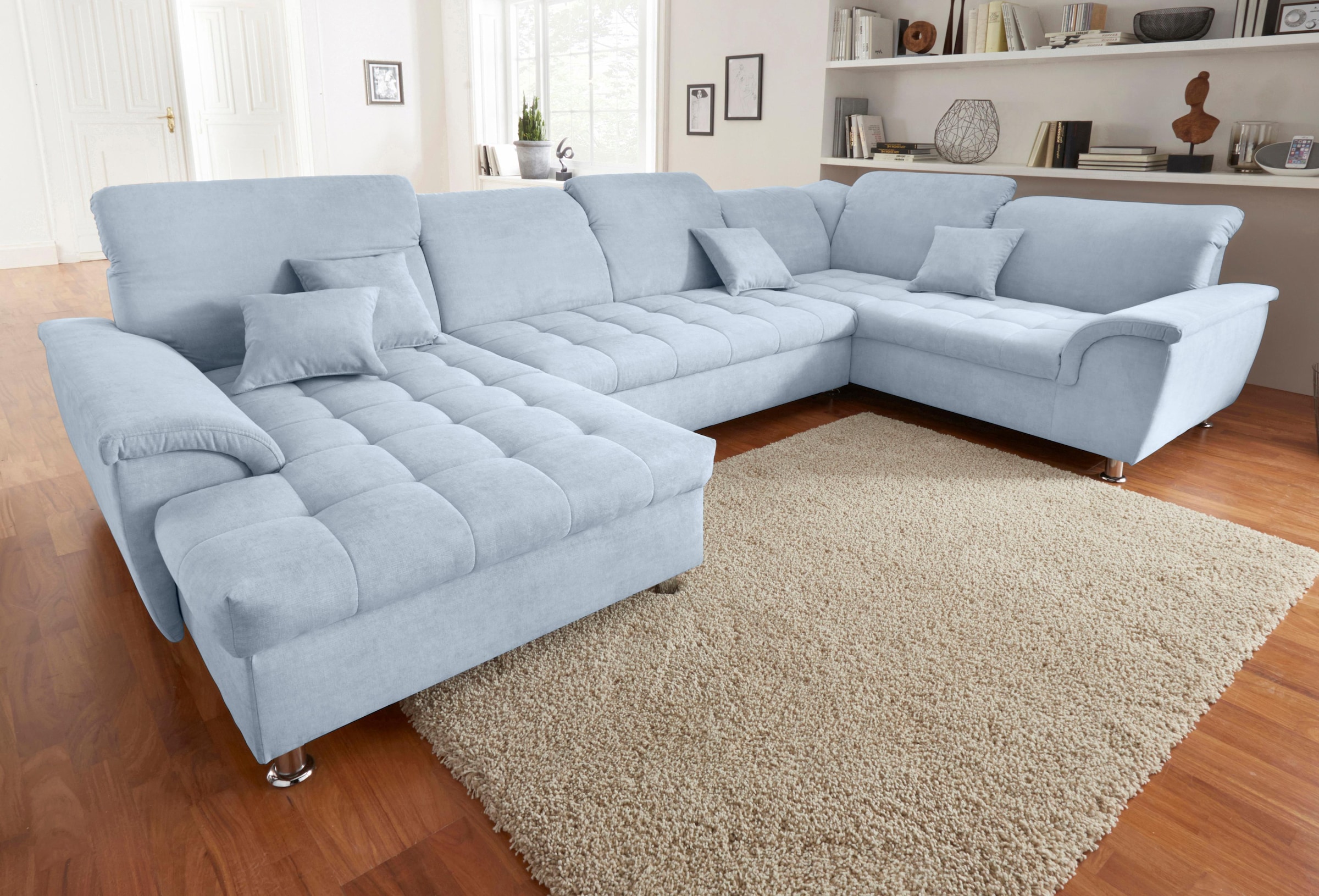 DOMO collection Wohnlandschaft »Franzi optional mit Bettfunktion, Bettkasten & Kopfteilverstellung«, U-Form, Recamiere links, pastelblau, B/T: 344/206 cm