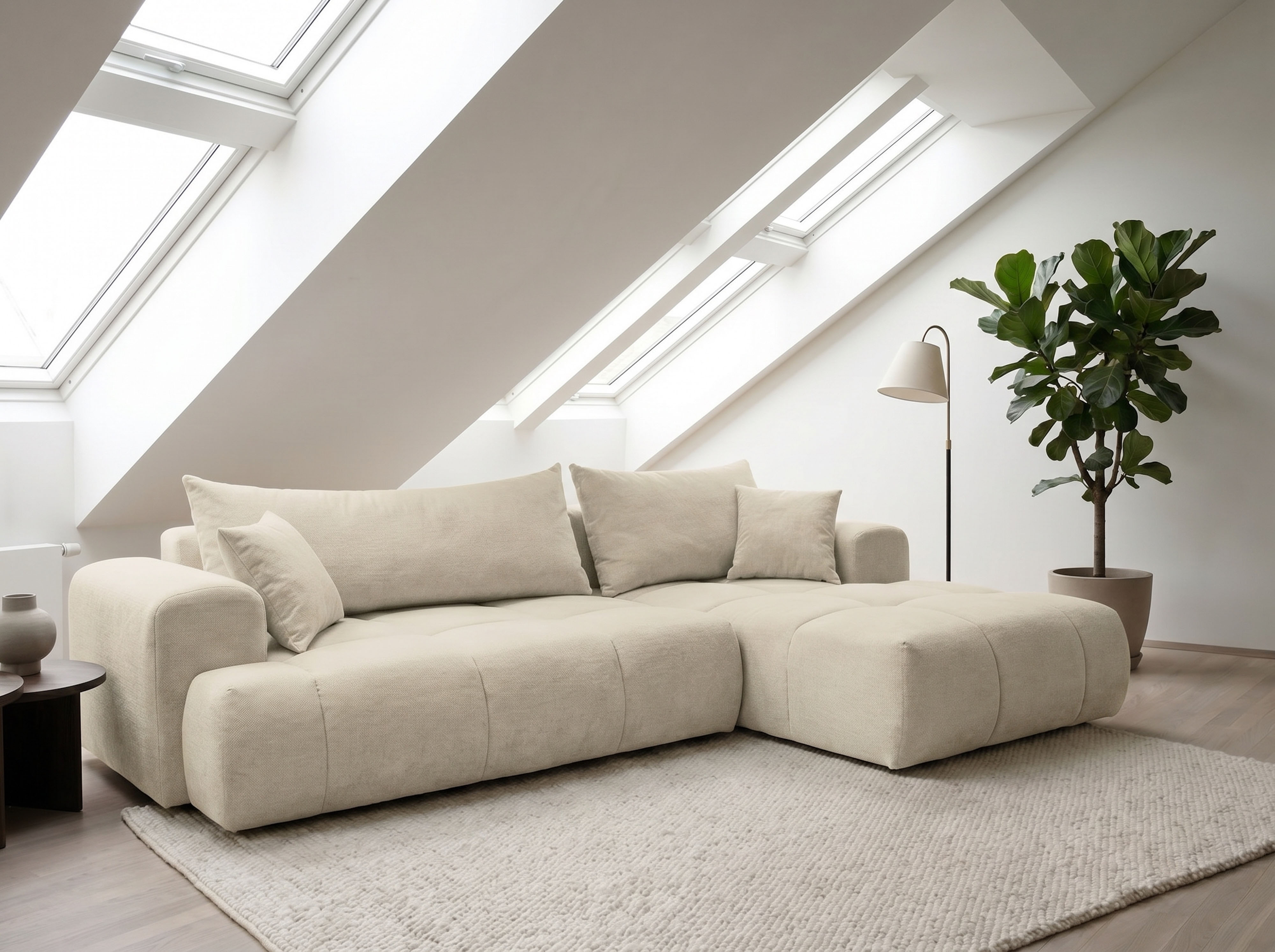 WERK2 Ecksofa "Ewela-Bubble 265 x 145 cm modern und bequem" Bouclé, L-Form, Schlaffunktion, Bettkasten