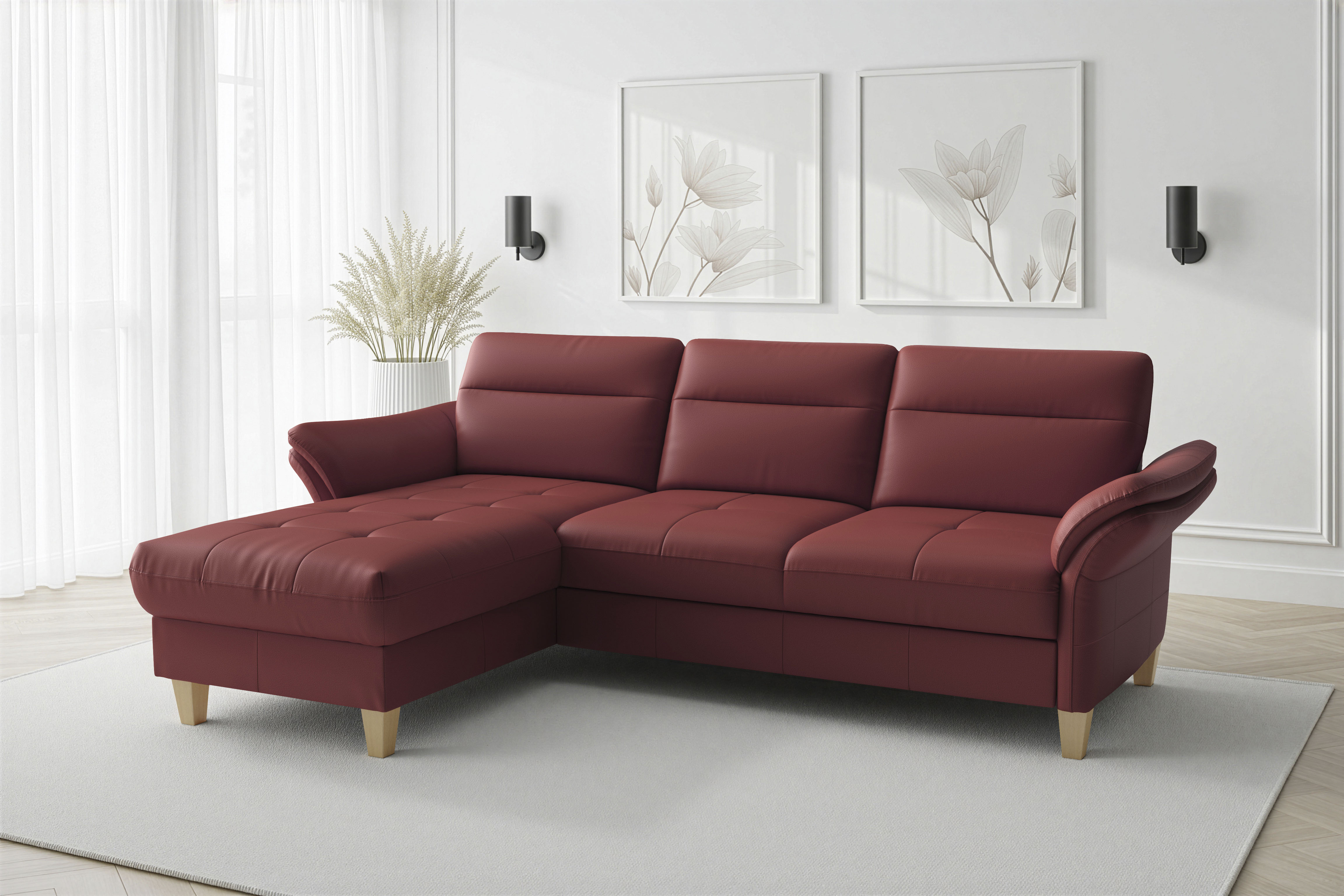 sit&more Ecksofa "Pamela L-Form, Leder, B: 218 und 230 cm mit Recamiere links od. rechts" optional Armteilverstellung, Schlaffunktion & Bettkasten