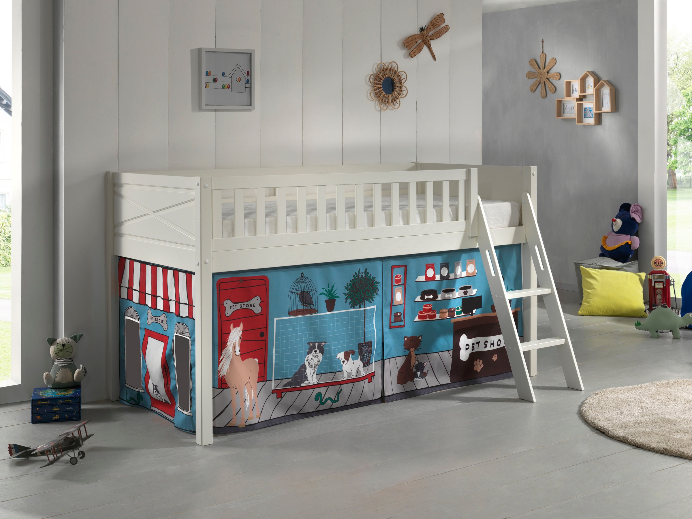 Vipack Hochbett »Scott«, (Made in Europe), mit schräger Leiter, LF 90x200 cm, Vorhang, Tunnel, 7 Designs