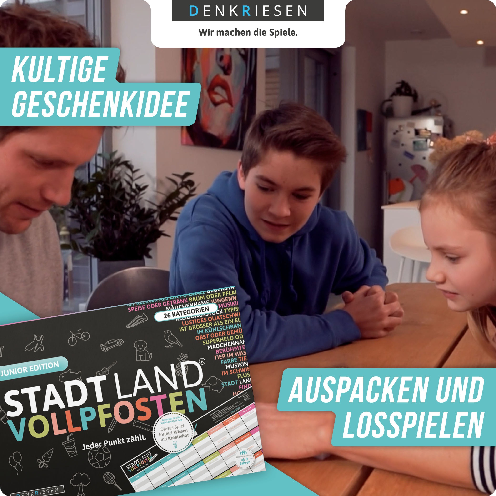 Denkriesen Spiel »Stadt Land Vollpfosten, Junior Edition A4 Block«, Made in Germany
