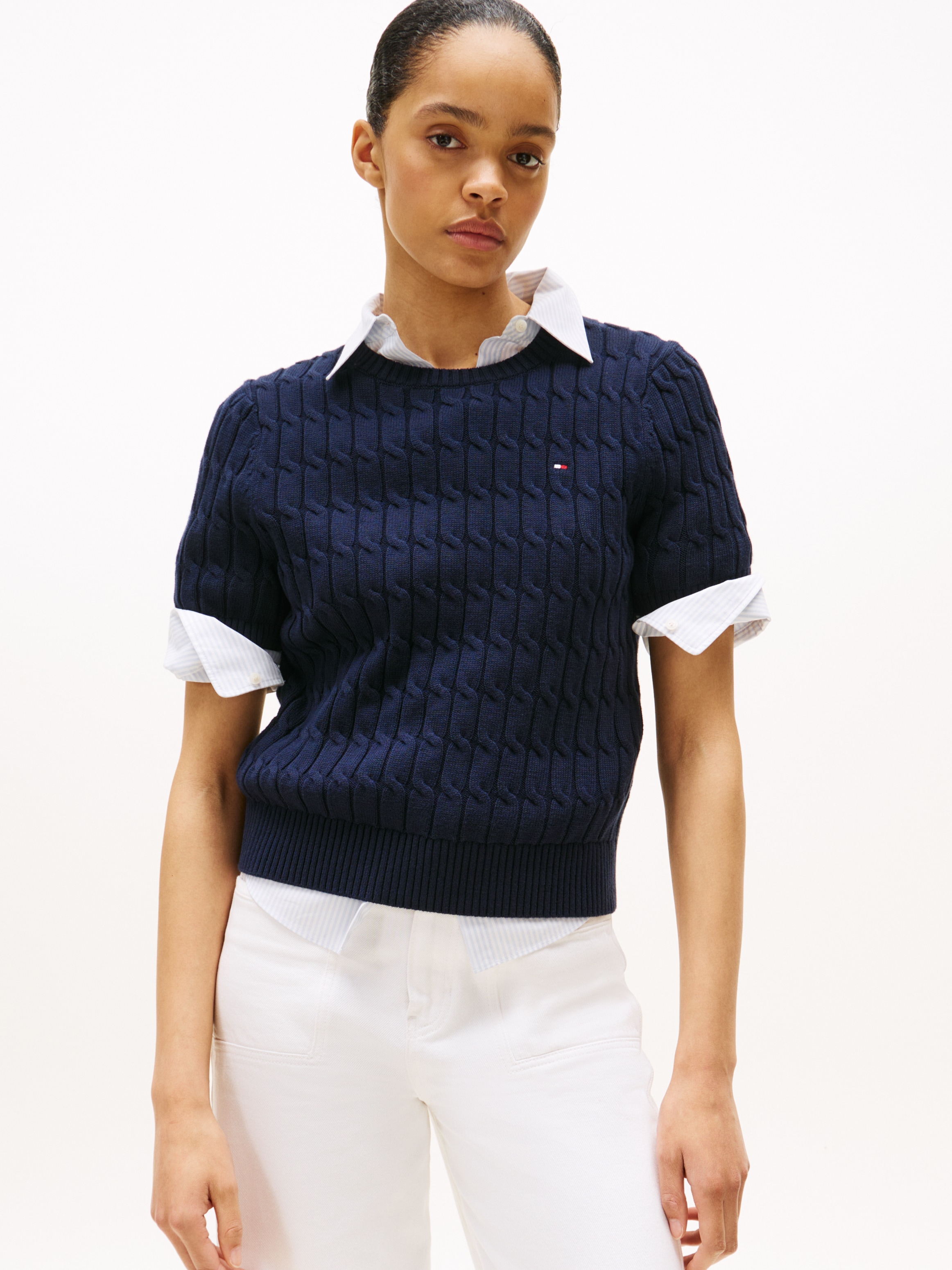 Tommy Hilfiger Kurzarmpullover "CO CABLE MID GG S/S C-NK SWT", mit Zopfmust günstig online kaufen