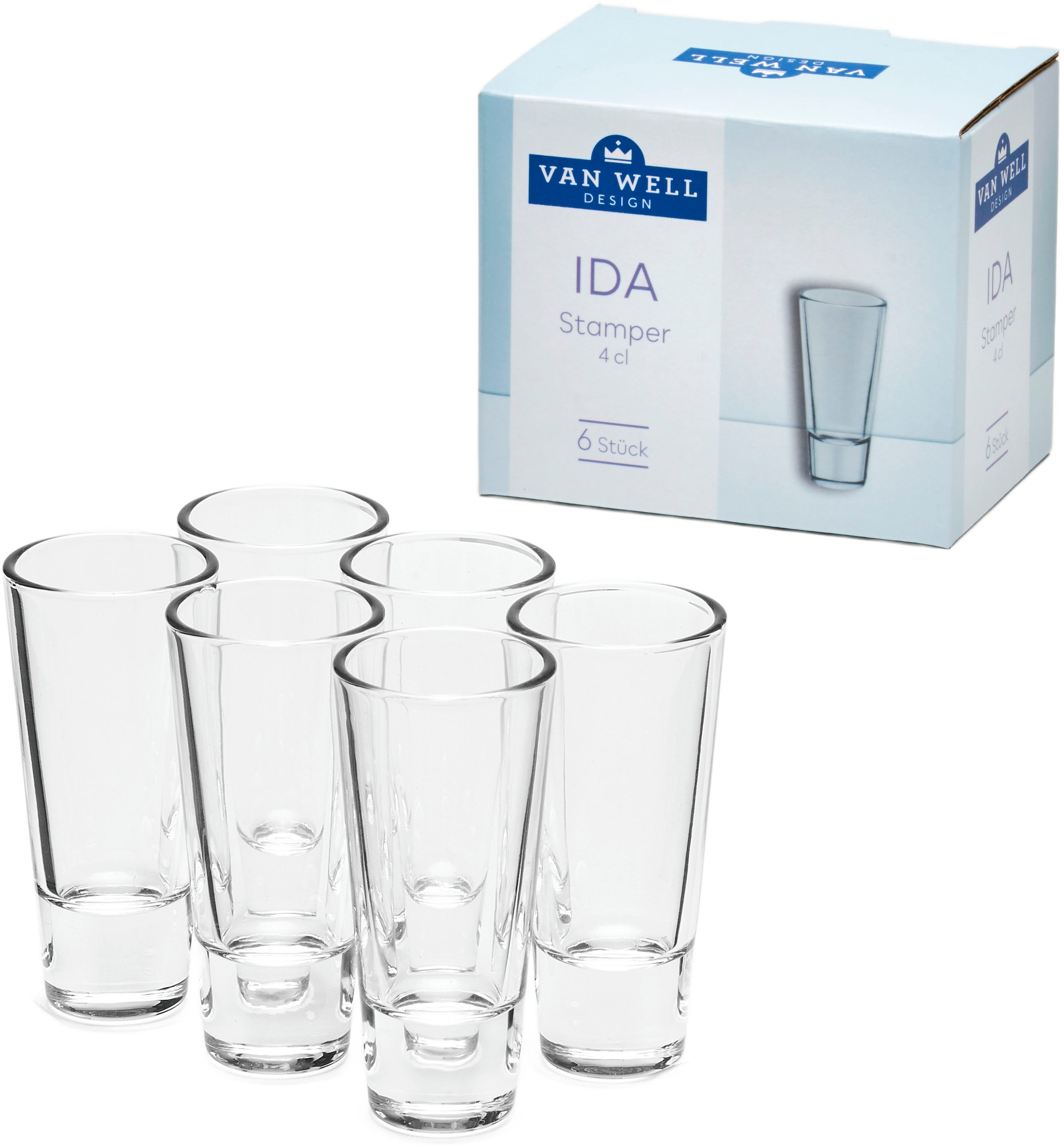 van Well Schnapsglas "Ida", (Set, 6 tlg., 6 Stamper), spülmaschinengeeignet, 4 cl, 6-teilig