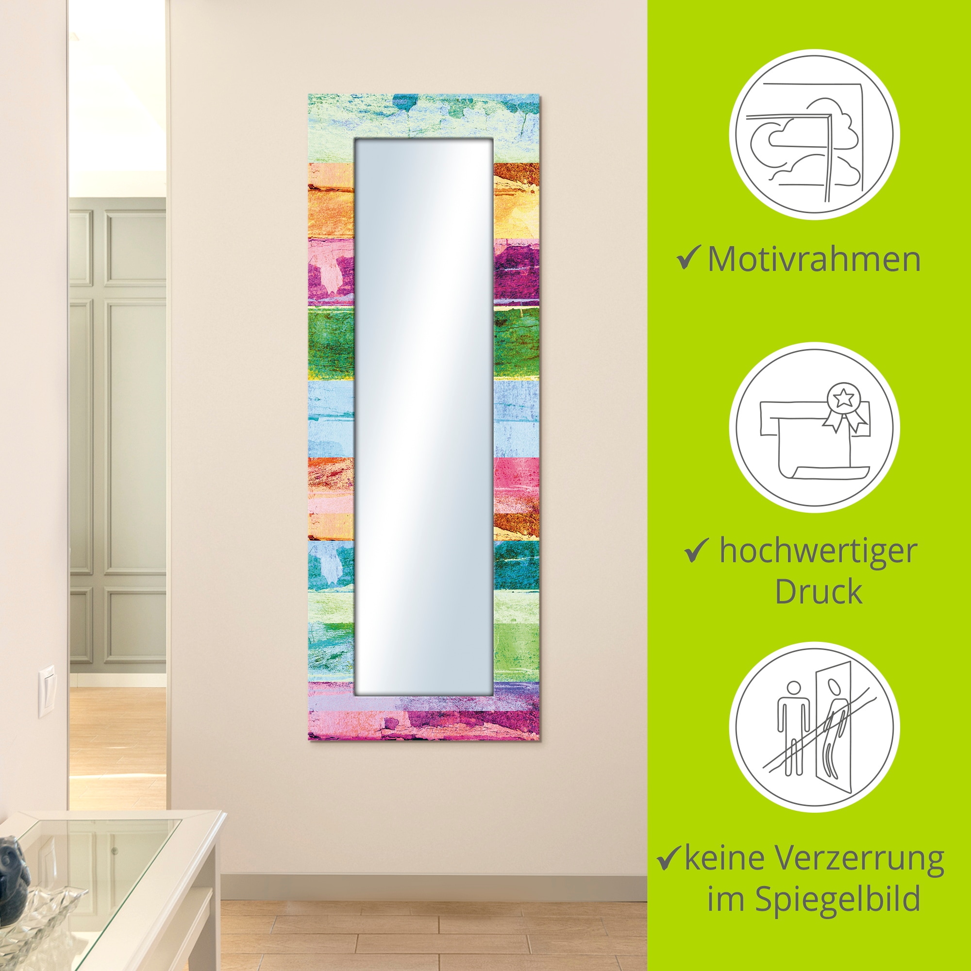 Artland Dekospiegel »Farbiger Holzhintergrund«, gerahmter Ganzkörperspiegel, Wandspiegel, mit Motivrahmen, Landhaus
