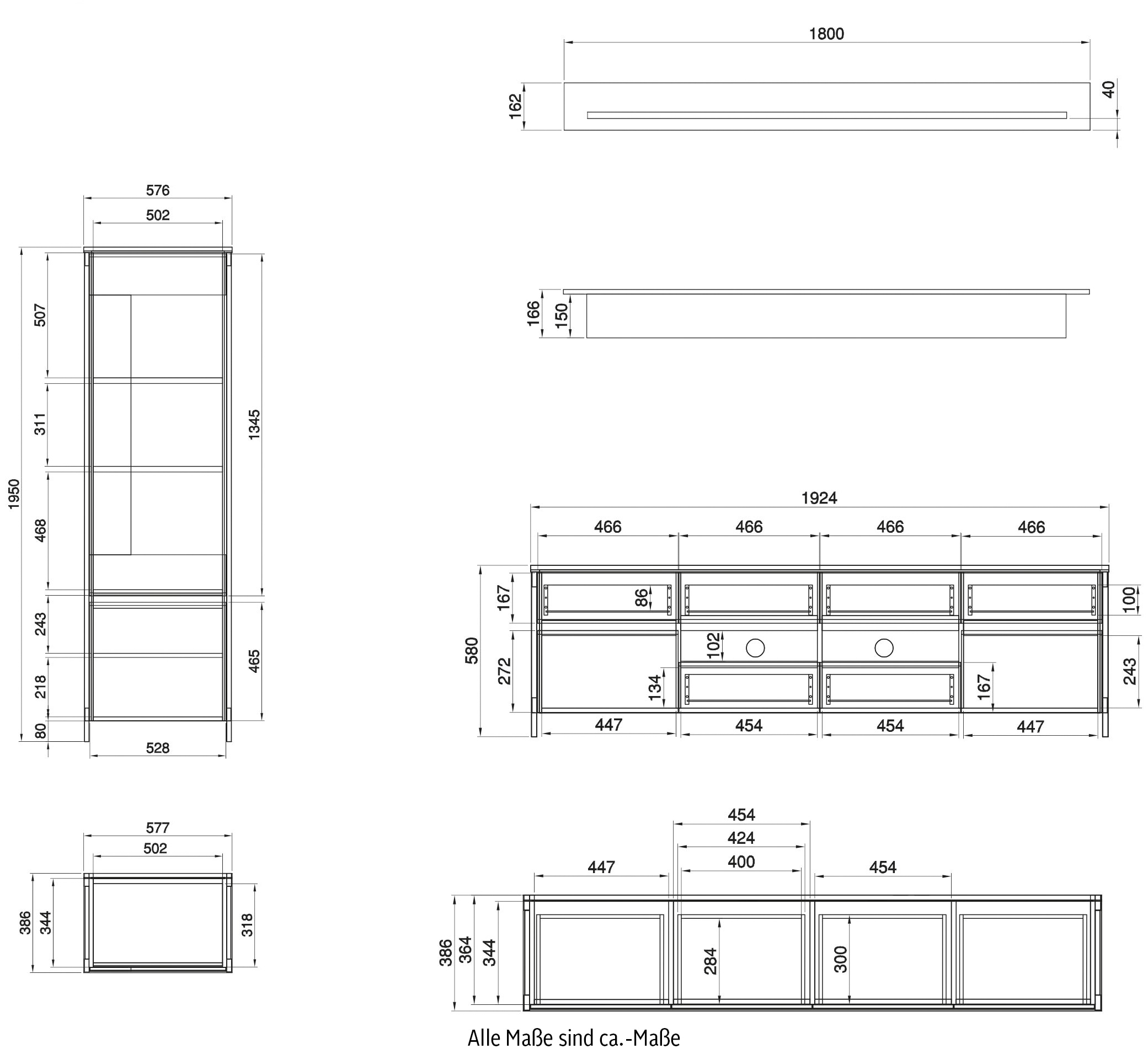 Home affaire Wohnwand »Stranda, moderne Anbauwand, Komplettset im Scandi-Style«, (4 St.), enthält zwei Vitrinen, Lowboard und Wandboard, 344 cm breit
