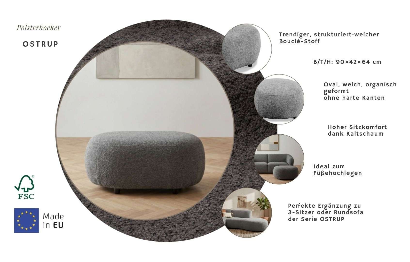 Home affaire Polsterhocker »OSTRUP, Naturtöne, Boucle« 90x64 cm, organische Form mit sanften Rundungen