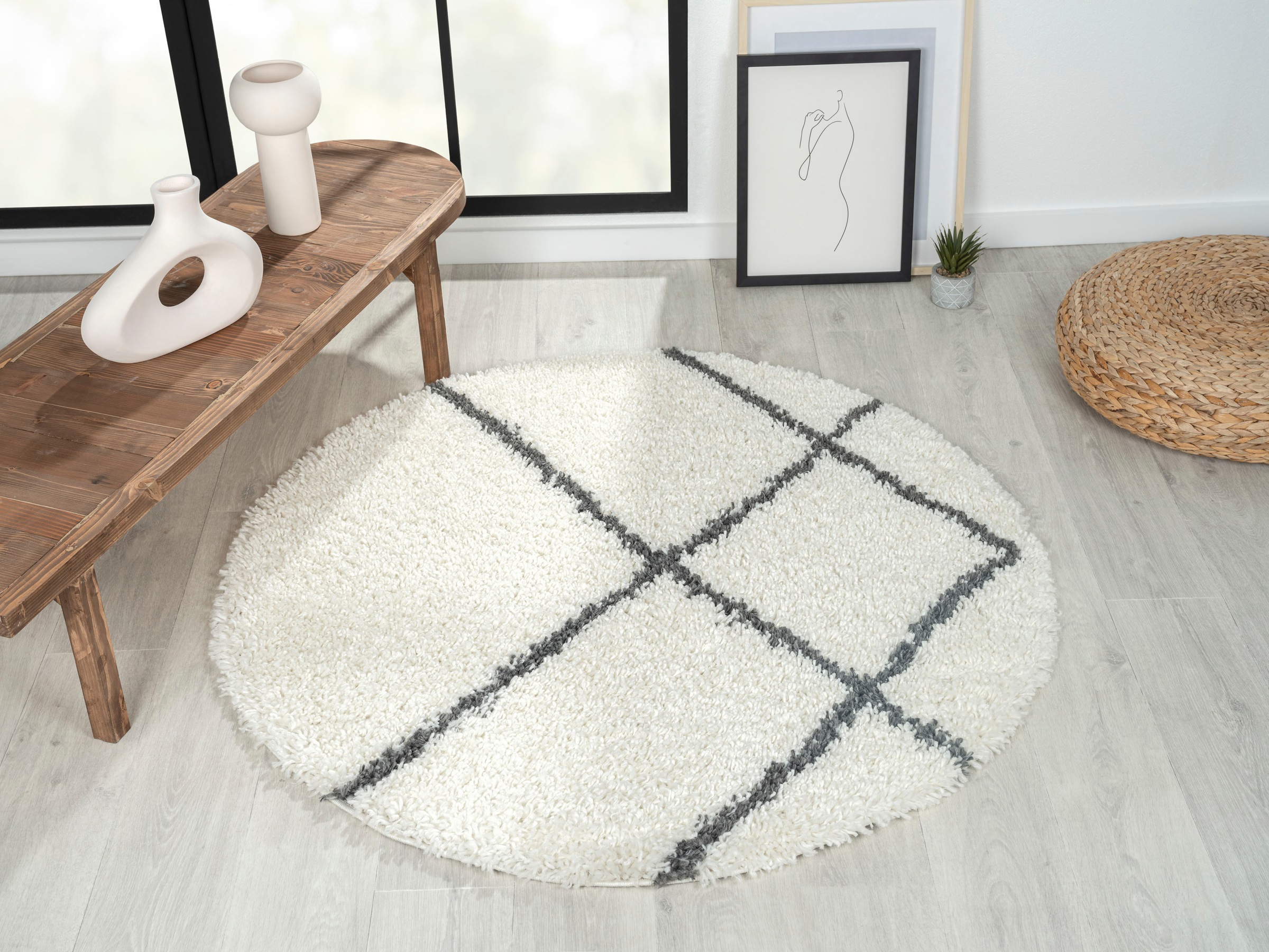 Myflair Möbel & Accessoires Hochflor-Teppich »My Shaggy Raute« rund 37 mm Höhe Shaggy, Scandi Rauten Design, leicht glänzend, extra flauschig