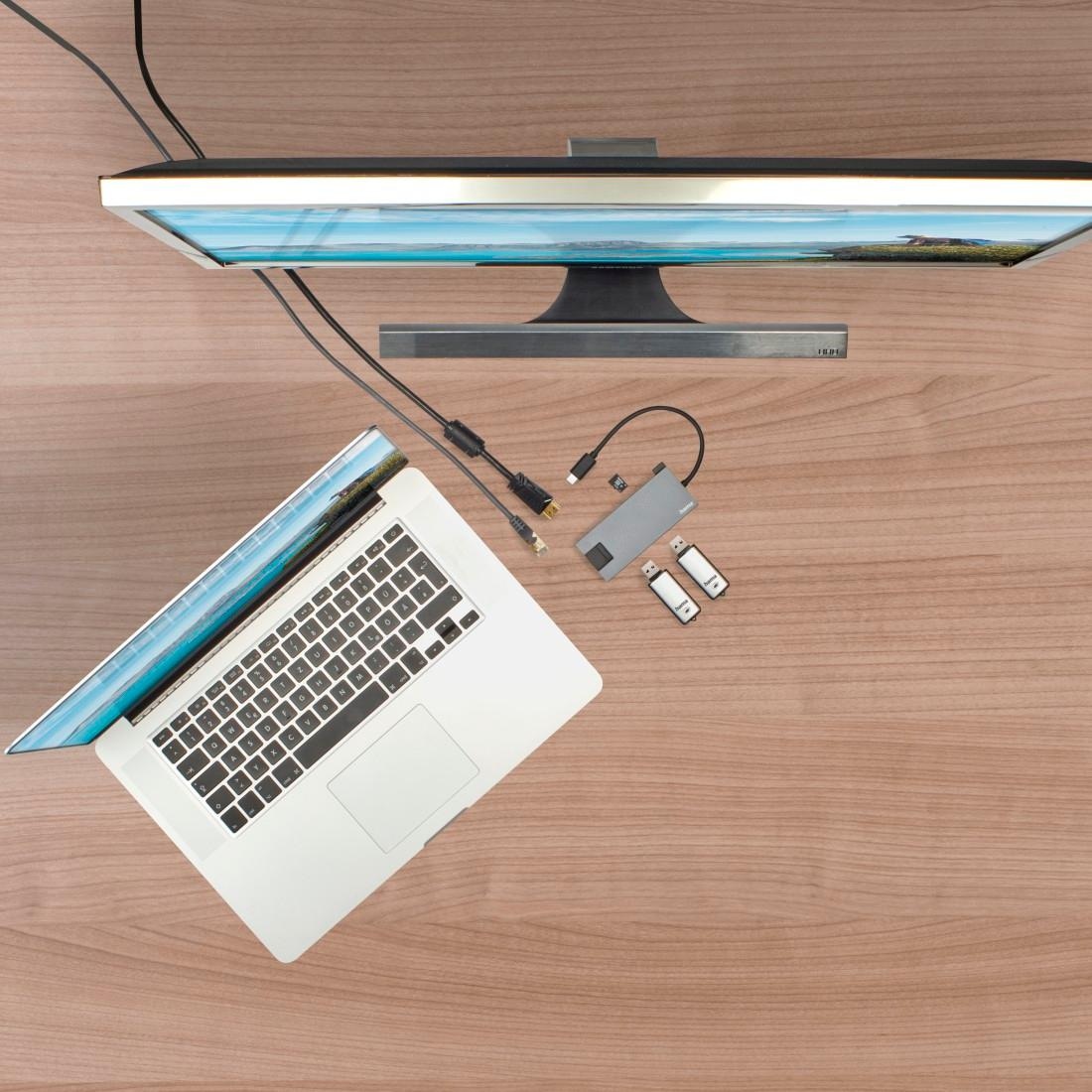 Hama USB-Adapter »USB-C Multiport Hub für Laptop mit 5 Ports, USB-A, USB-C, HDMI, LAN« USB-C zu HDMI | RJ-45 (Ethernet) | USB Typ A | USB Typ C 15 cm Laptop Dockingstation, kompakt, robustes Gehäuse, silberfarben