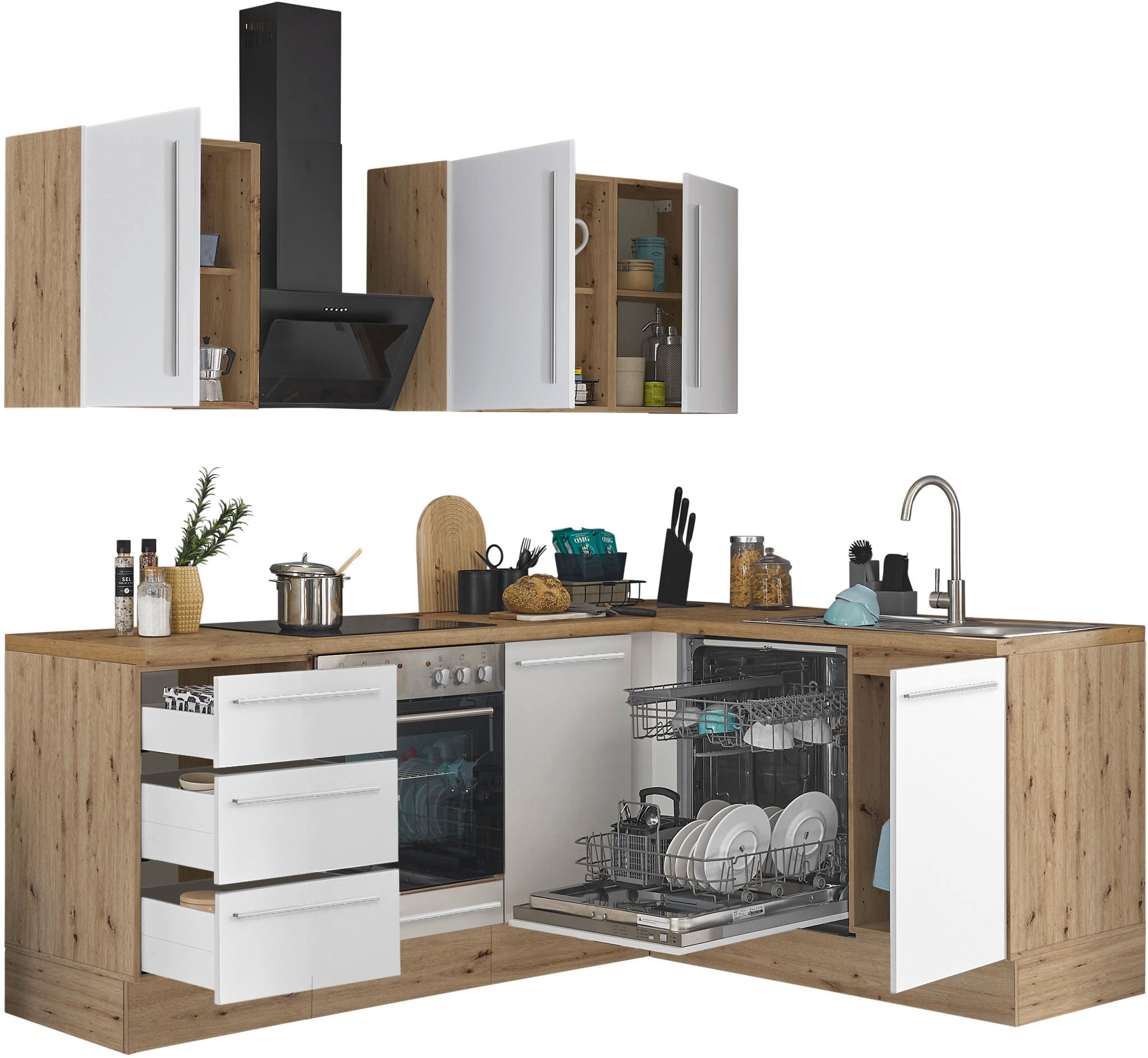 KOCHSTATION Winkelküche »Florida, Stellbreite 220x175 cm« wahlweise mit E-Geräten, mit Softclose für Türen und Schubkästen