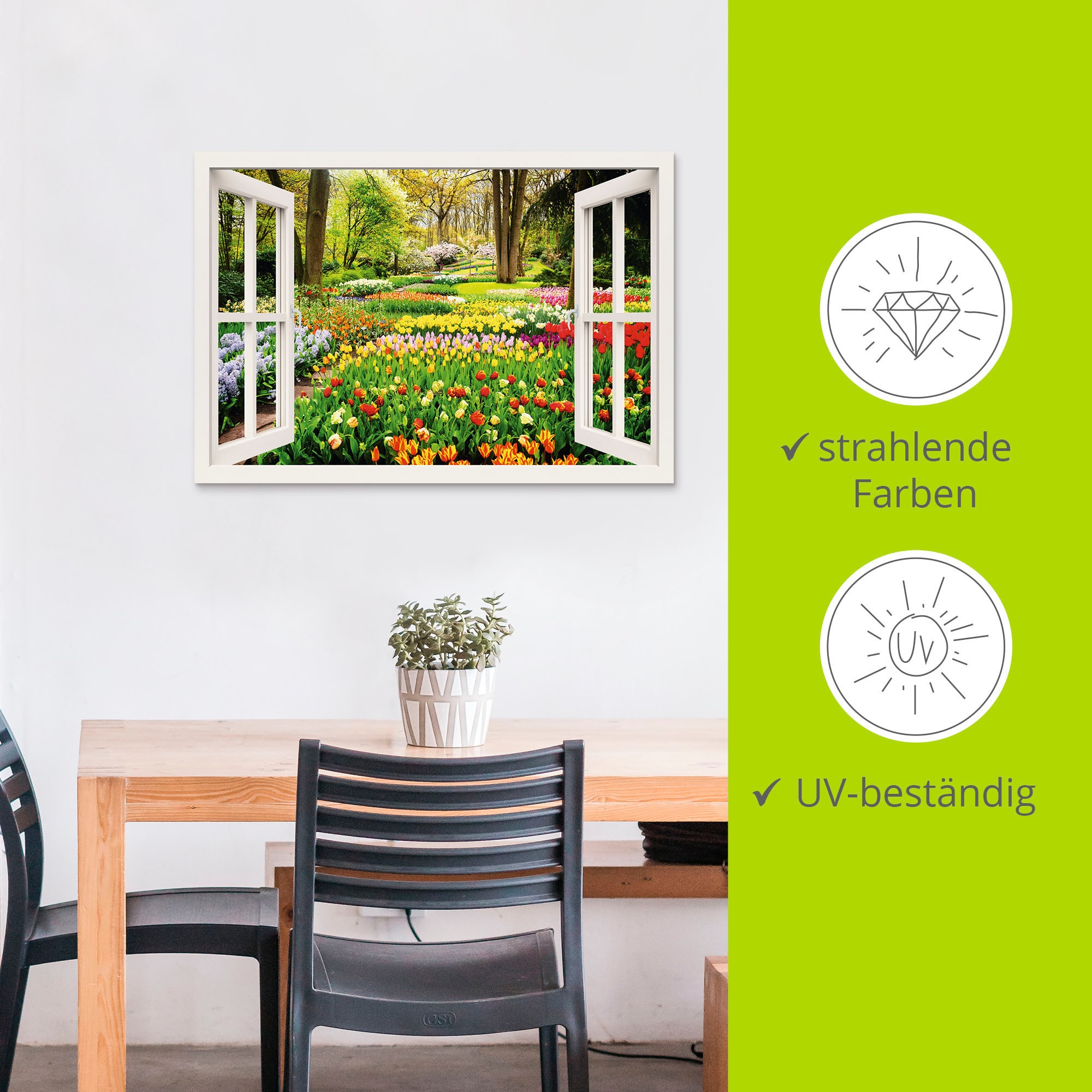 Artland Wandbild »Fensterblick Tulpen Garten Frühling«, Fensterblick, (1 St.), als Alubild, Outdoorbild, Leinwandbild, Poster, Wandaufkleber