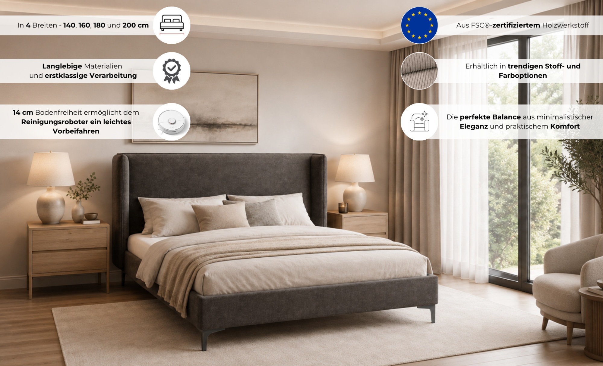 Home affaire Polsterbett »LYSEKIL Bettgestell mit Lattenrost, Breite 140/160/180/200cm, Chenille« Rahmenbett mit Kopfteil, ohne Matratze und Topper