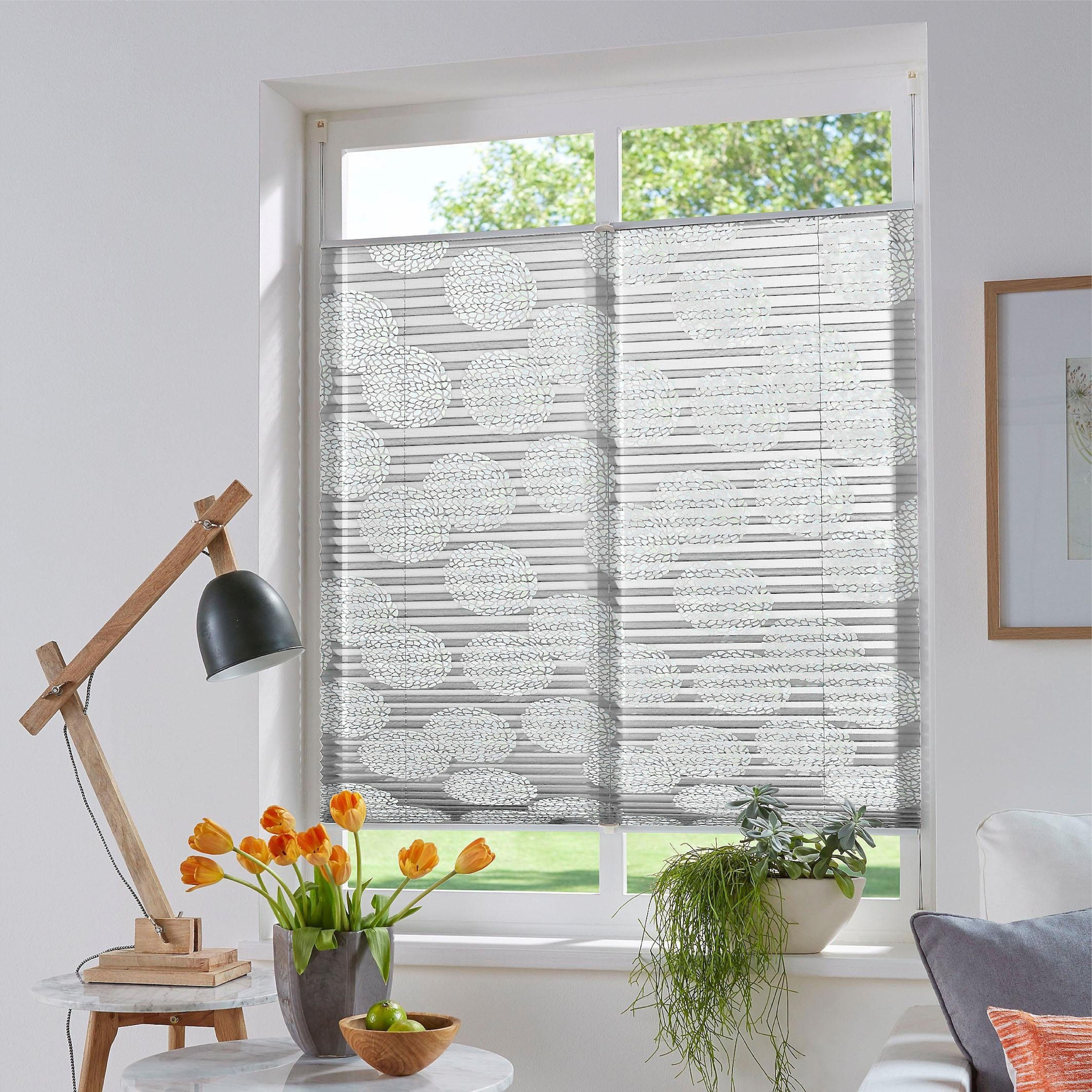 OTTO home Plissee "BELUM" Lichtschutz ohne Bohren verspannt im Fixmaß, Ausbrenner, Kreise, Blumen, Klemmträger, Für Fenster & Tür