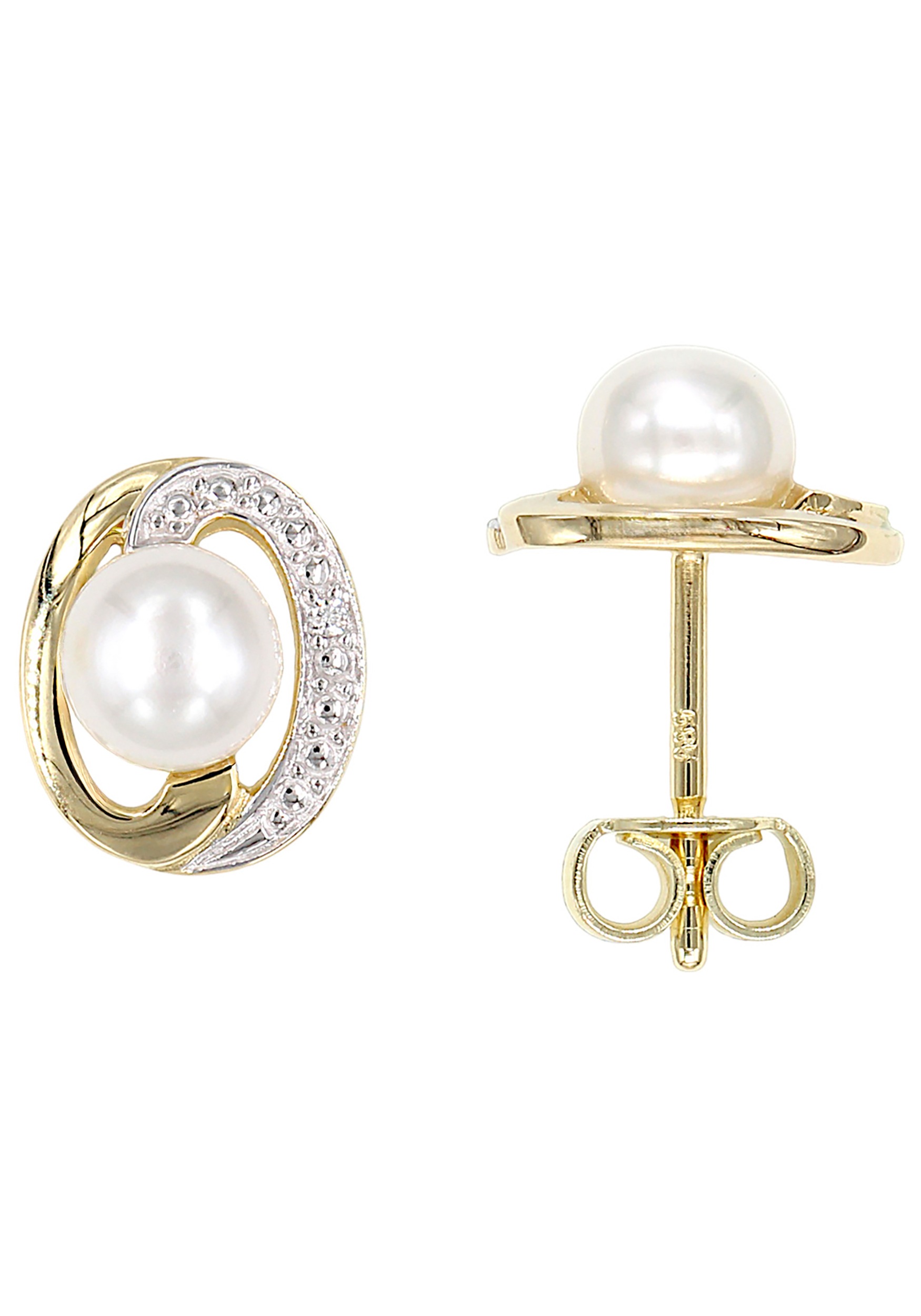 Perlenohrringe JOBO, gelb (gelbgold 585), Ohrringe, Damen, P1 = bei 10-facher Vergrößerung erkennbare Einschlüsse, Diamanten Gelbgold 585 Perlen, Diamanten, Gelbgold 585, Perlen, 585 Gold mit 2 Diamanten und Süßwasser-Zuchtperlen