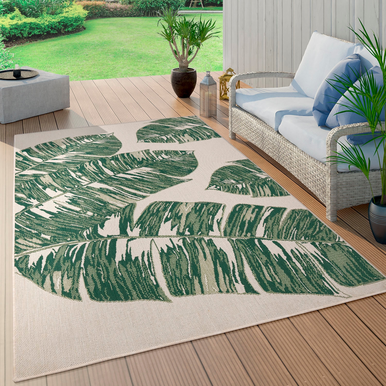 Paco Home Teppich »Ostende 553«, rechteckig, Flachgewebe, Motiv Palmenblätter, In- und Outdoor geeignet, Wohnzimmer
