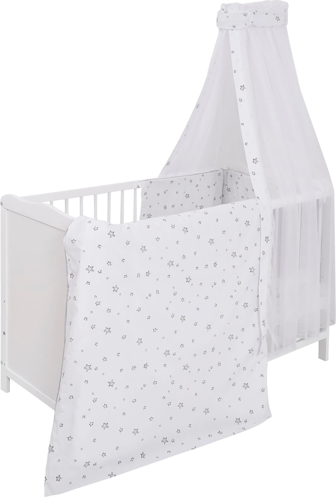 Lüttenhütt Babybett »Komplettbett, Textilset "Sterne", in 2 Größen«, (4 tlg.), mit Bettbezug, Bettumrandung, Himmel, Matratze, Himmelstange