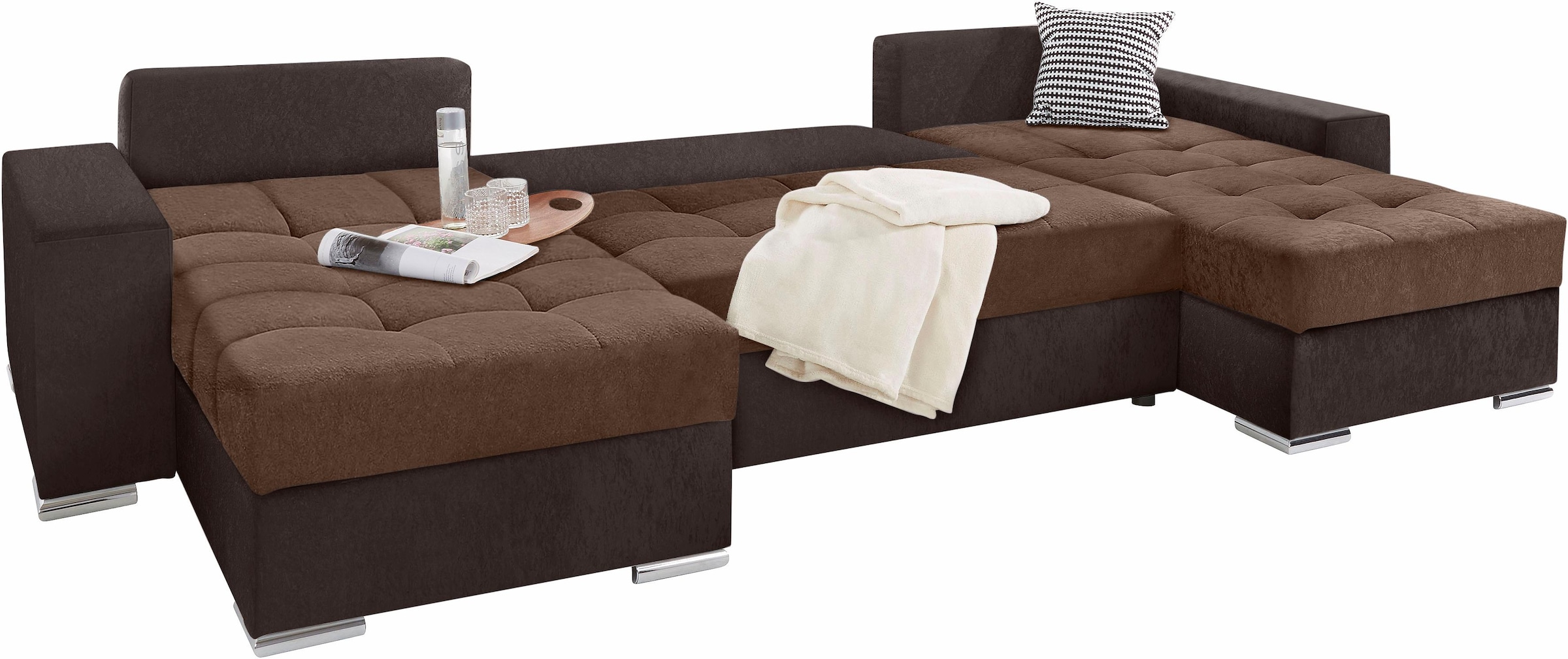 COLLECTION AB Wohnlandschaft »XL-Josy U-Form, Breite 313 cm, Kunstleder-Mix, Microfaser«, inkl. Bettfunktion, Bettkasten, mit 4 gleich großen Rückenkissen